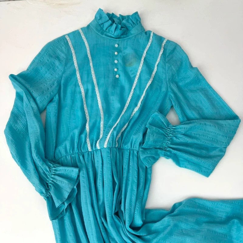 Vintage 70s Bright Blue Cotton Maxi Dress