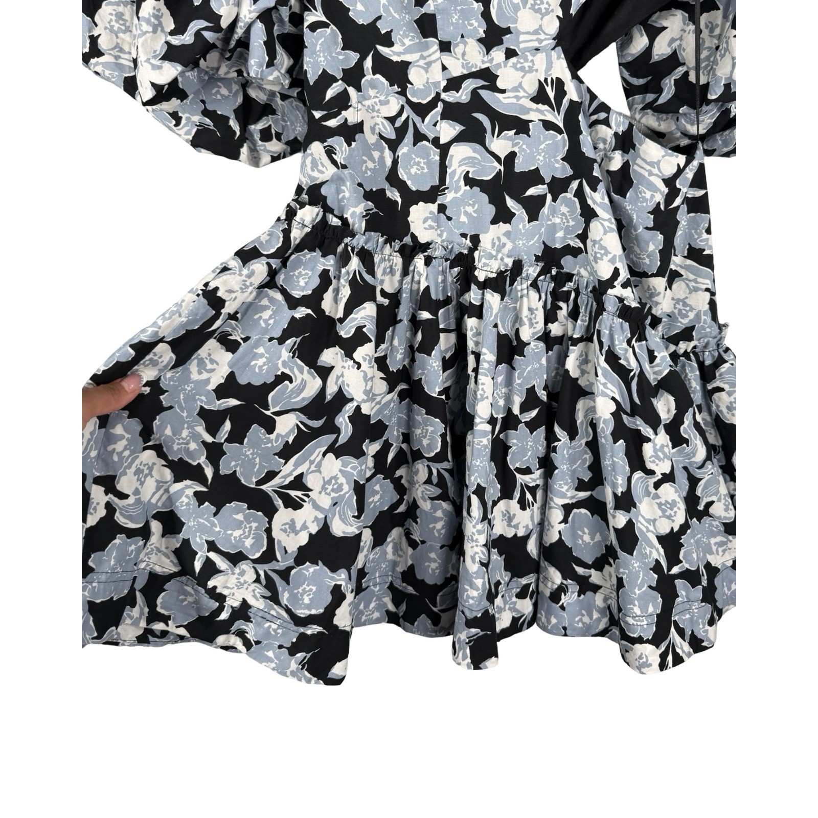 Sofie the Label Floral Puff Sleeve Cutout Mini Dress Black Blue White S1106D