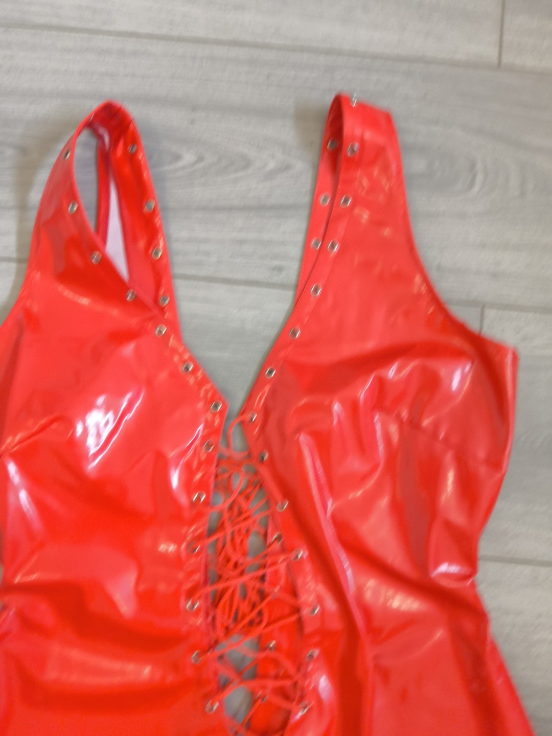 BNWOT Bright Red PVC Plunge Neck Lace Up Front & Back Bodycon Dress Size 10-14