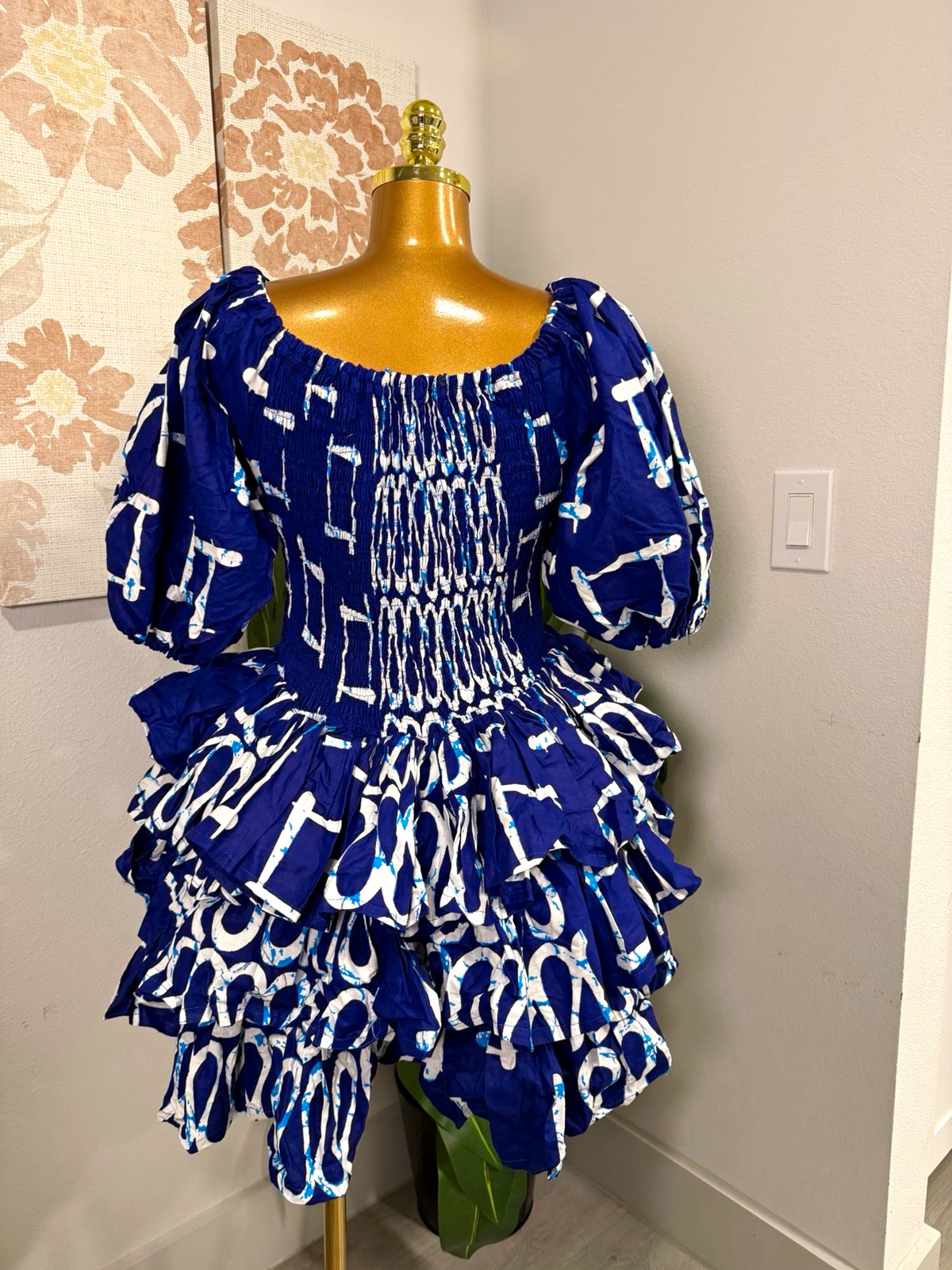 Women’s Blue/White Geometric Off Shoulder Smocked Ruffle Mini Dress O/S Cotton