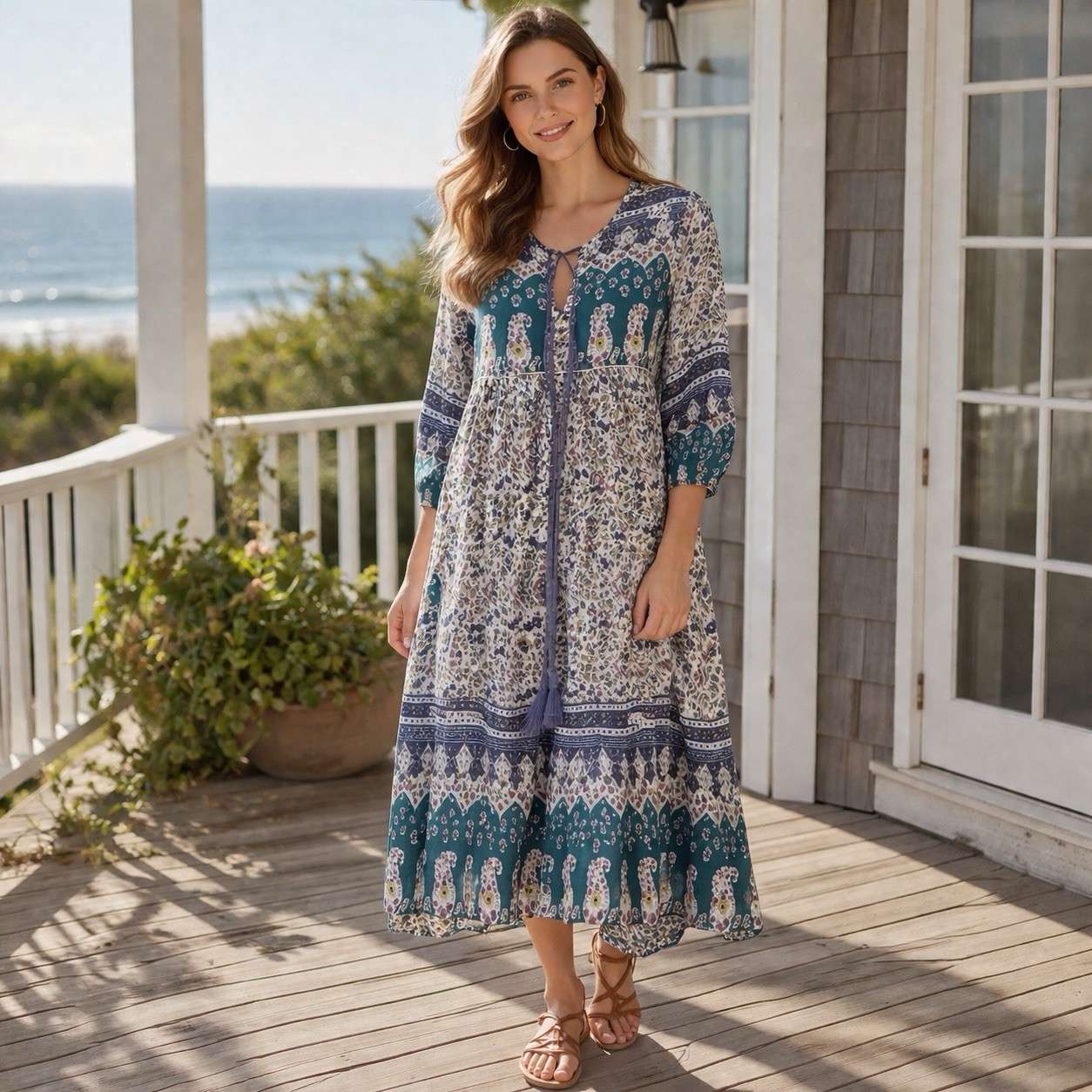 NWT R Vivimos Floral Midi Dress Women M 8/10 Bohemian Tassel Peasant Beach Boho