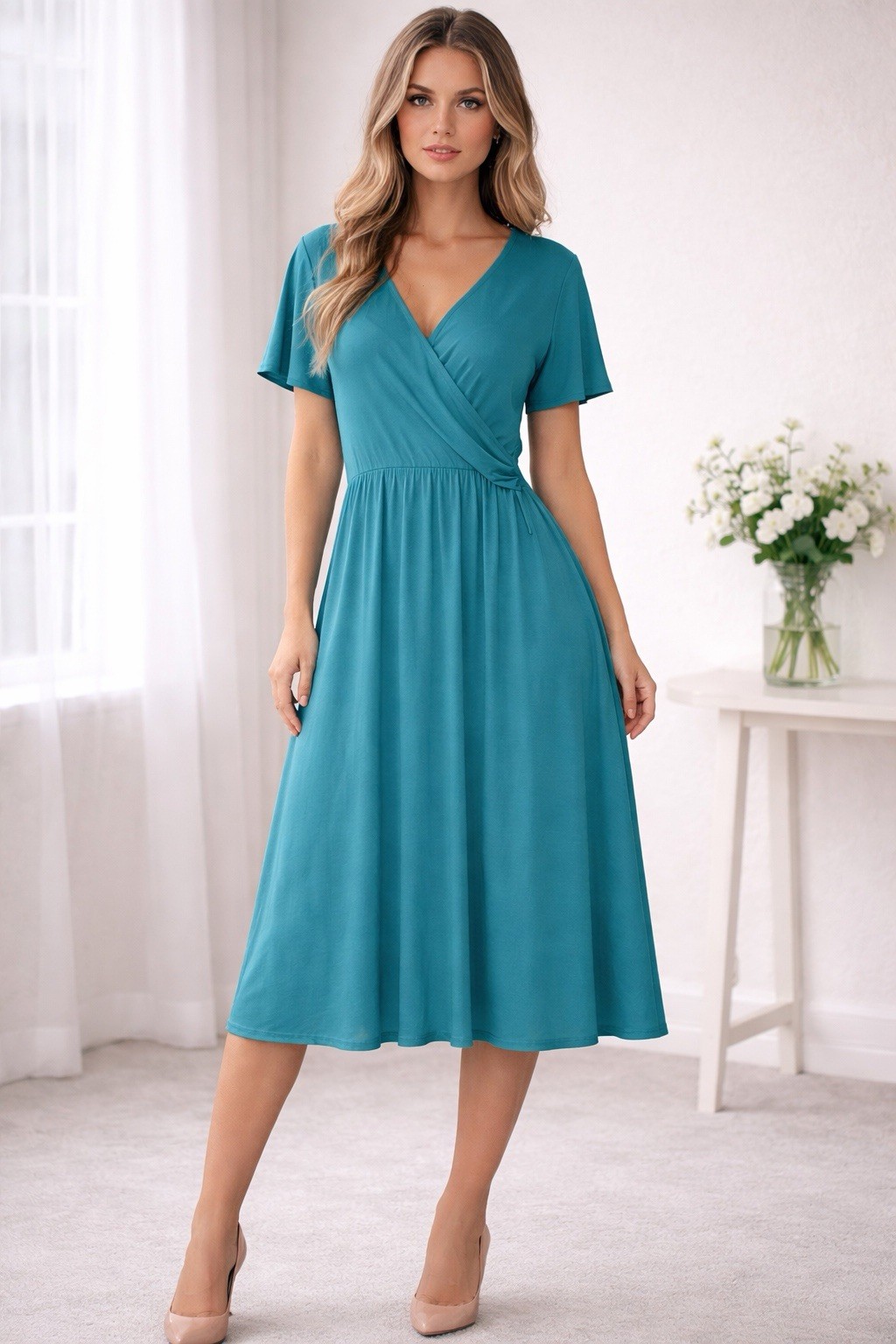 Lane Bryant Wrap Dress Surplice Neck Rouched Waist Stretch Teal Size 14/16
