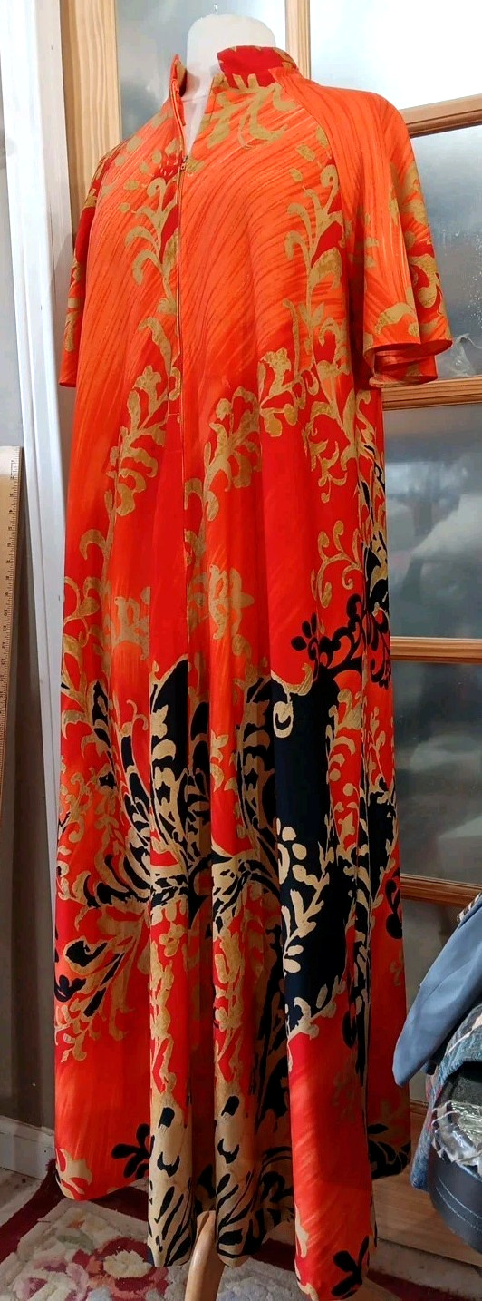 Vintage House Dress Paisley Long Mod 60s 70s MuuMuu Floral Sz L? Orange Black