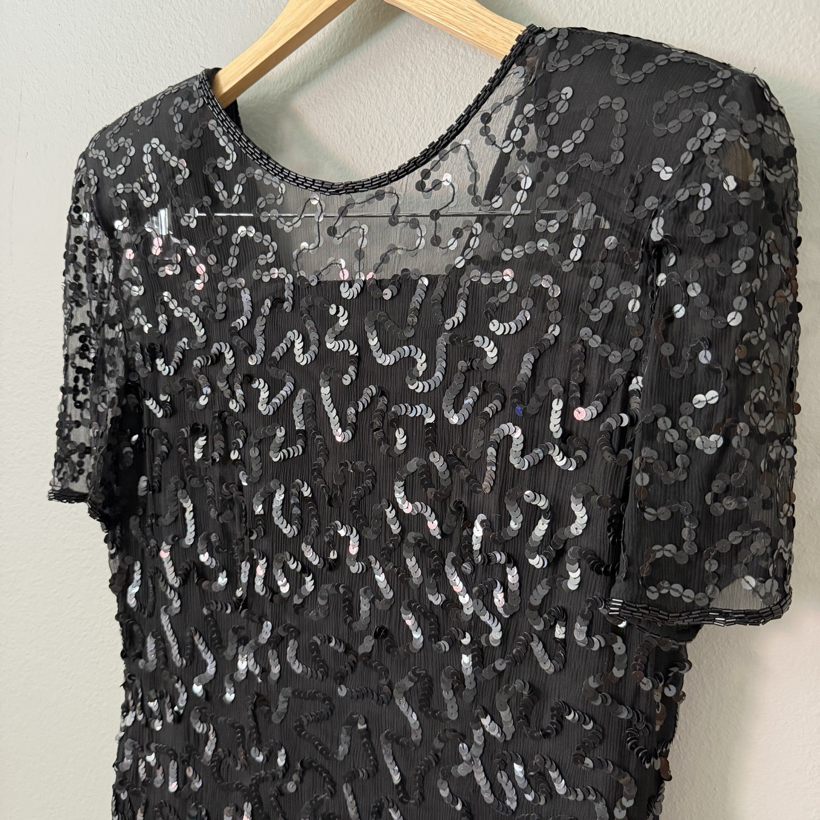 Vintage Leslie Fay Evenings Silk Sequin Beaded Cocktail Dress Black Size 8