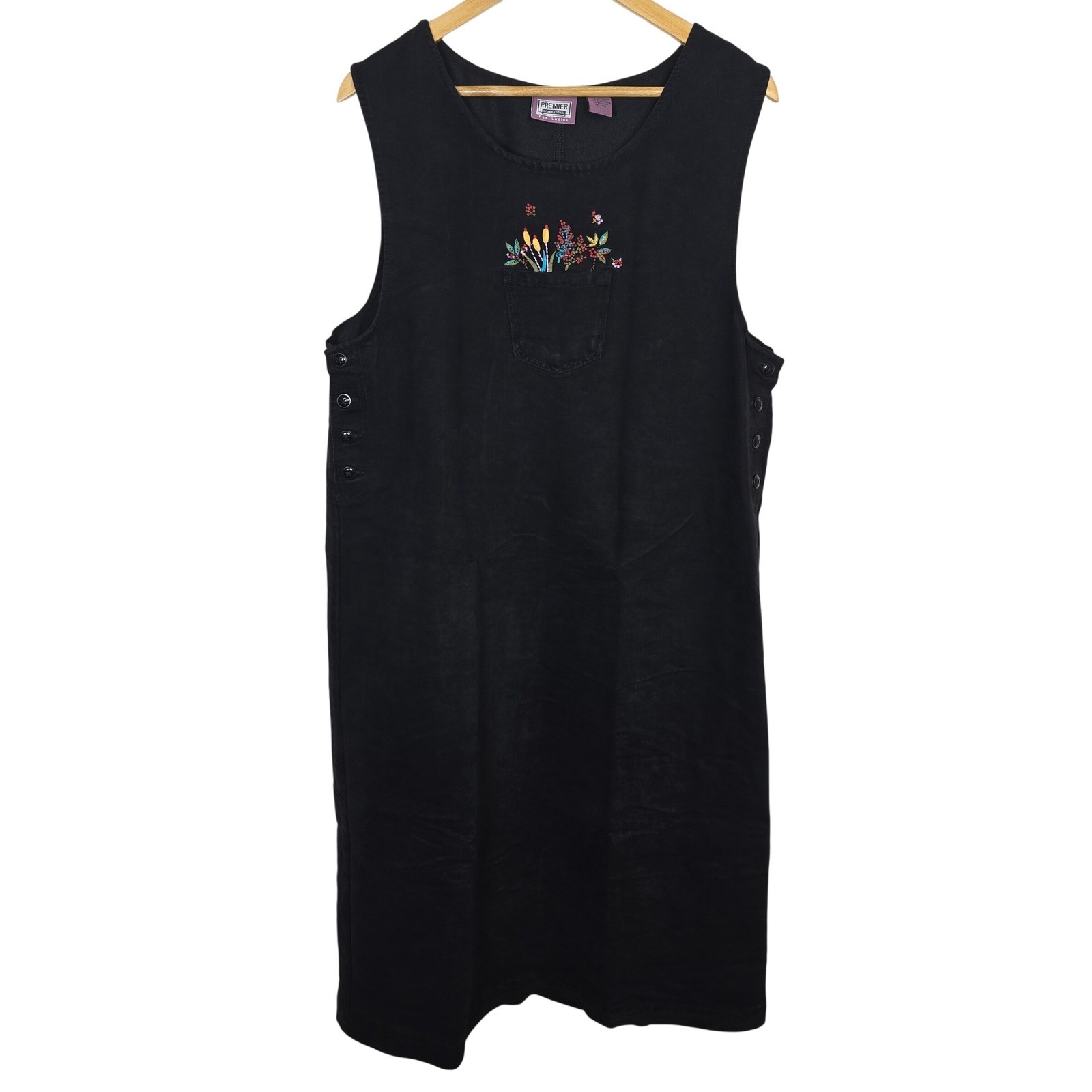Premier International Black Floral Embroidered Jumper Dress Womens Large Vintage