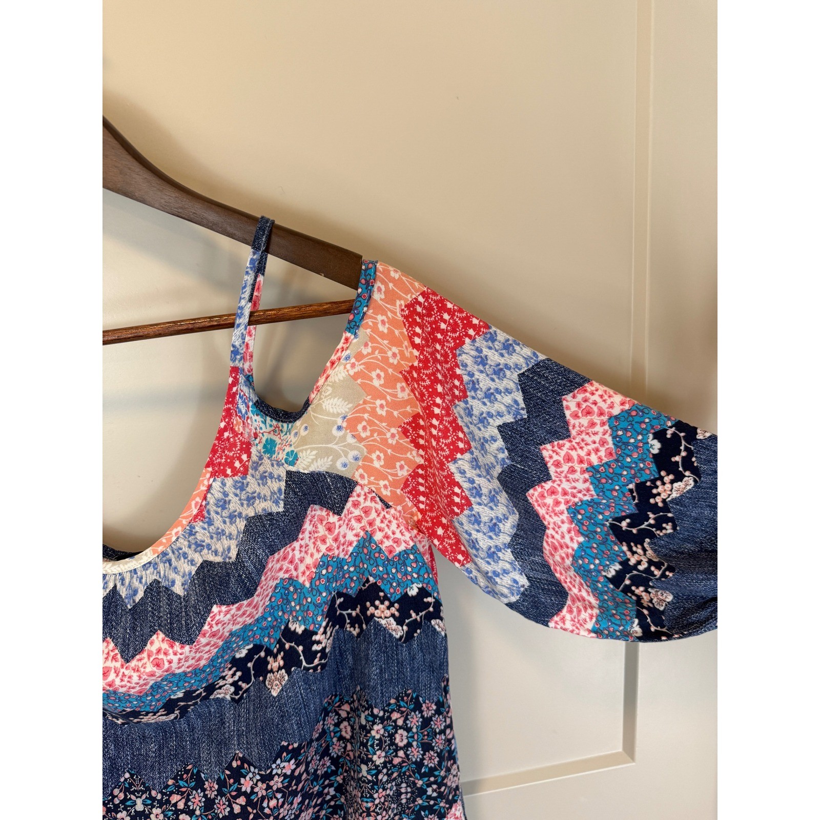 Espresso Chevron Floral Patchwork Cold Shoulder Slip Dress Size XL Grandmacore