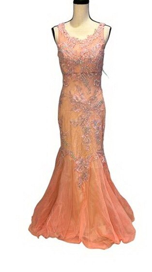 Nina Canacci Coral Lace Illusion Open Back Beaded Tulle Mermaid Gown Size 8 $549