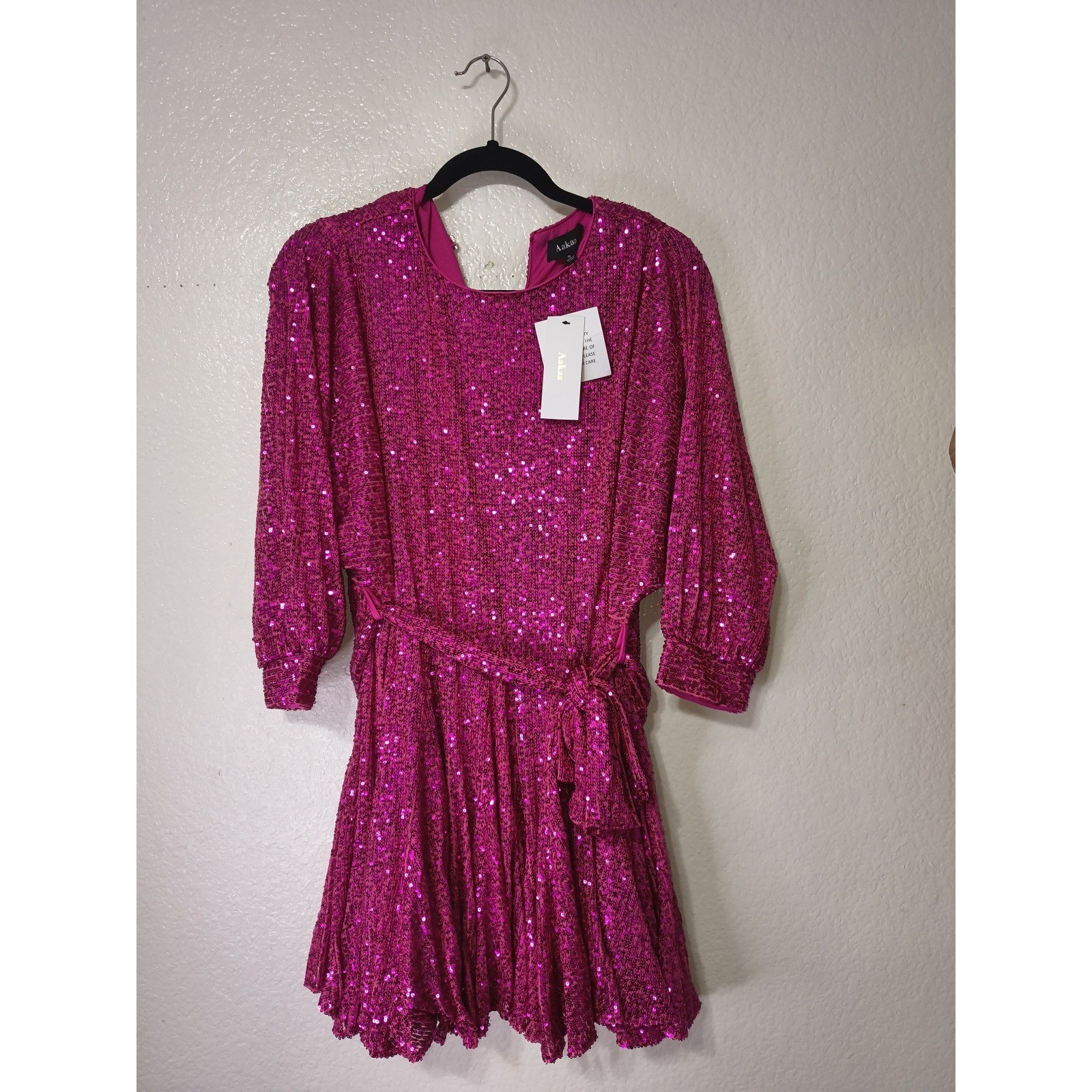 Aakaa Womens Pink Sequin Tie Waist Mini Dress 3/4 Party Cocktail NWT (24)