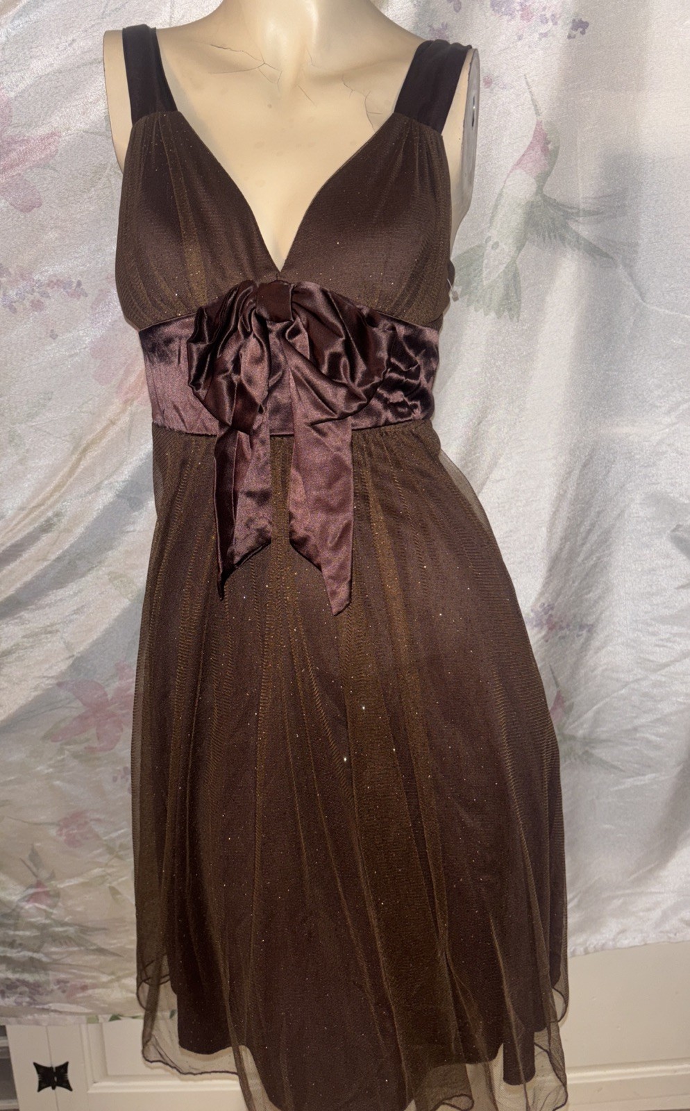 SPEECHLESS,brown tulle,tiny silver dots,satin bow,z5,S,pleats,shirred,New,UNIQUE