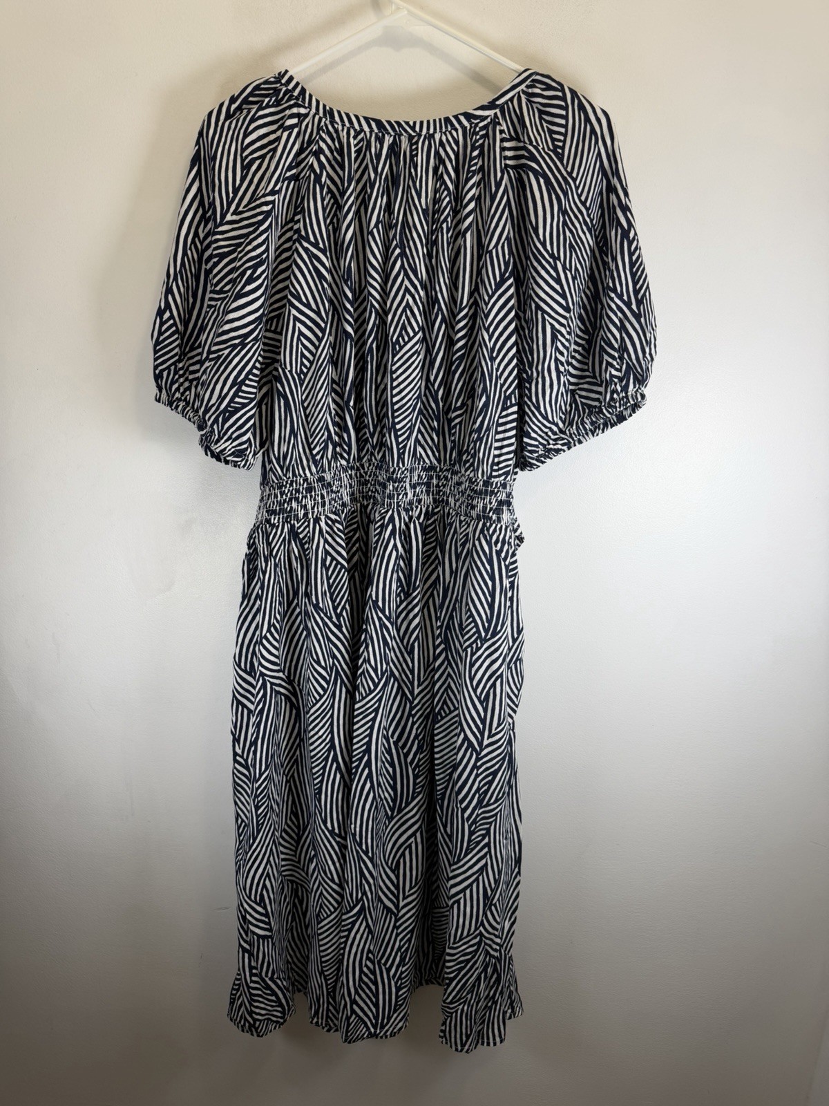 Terra & Sky Womens Dress 1X Navy Blue White Stripe Puff Sleeves Belted Midi