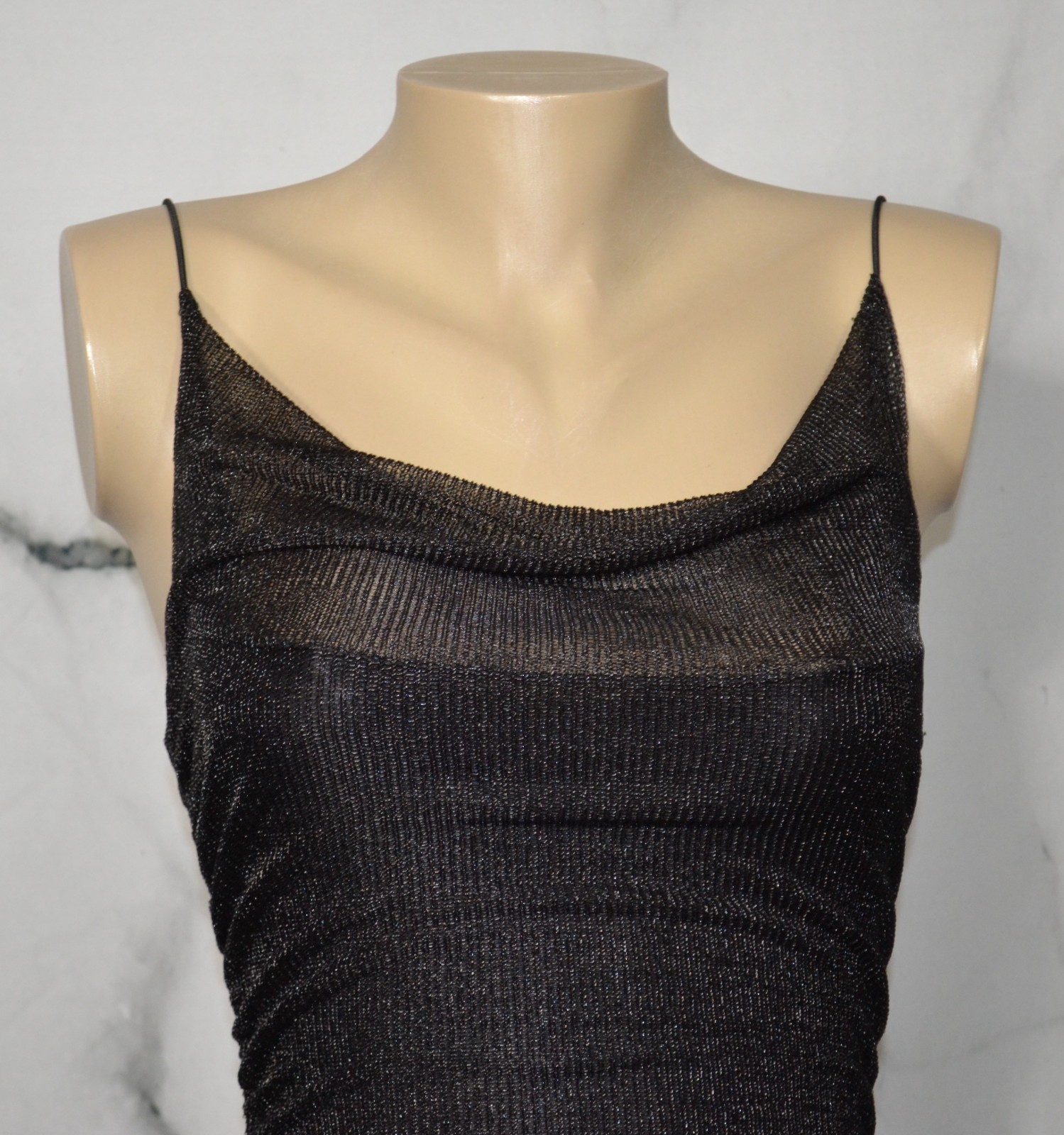 LUVALOT Shiny Black Mesh Spaghetti Strap Dress 4 Ruched Sides Draped Neckline