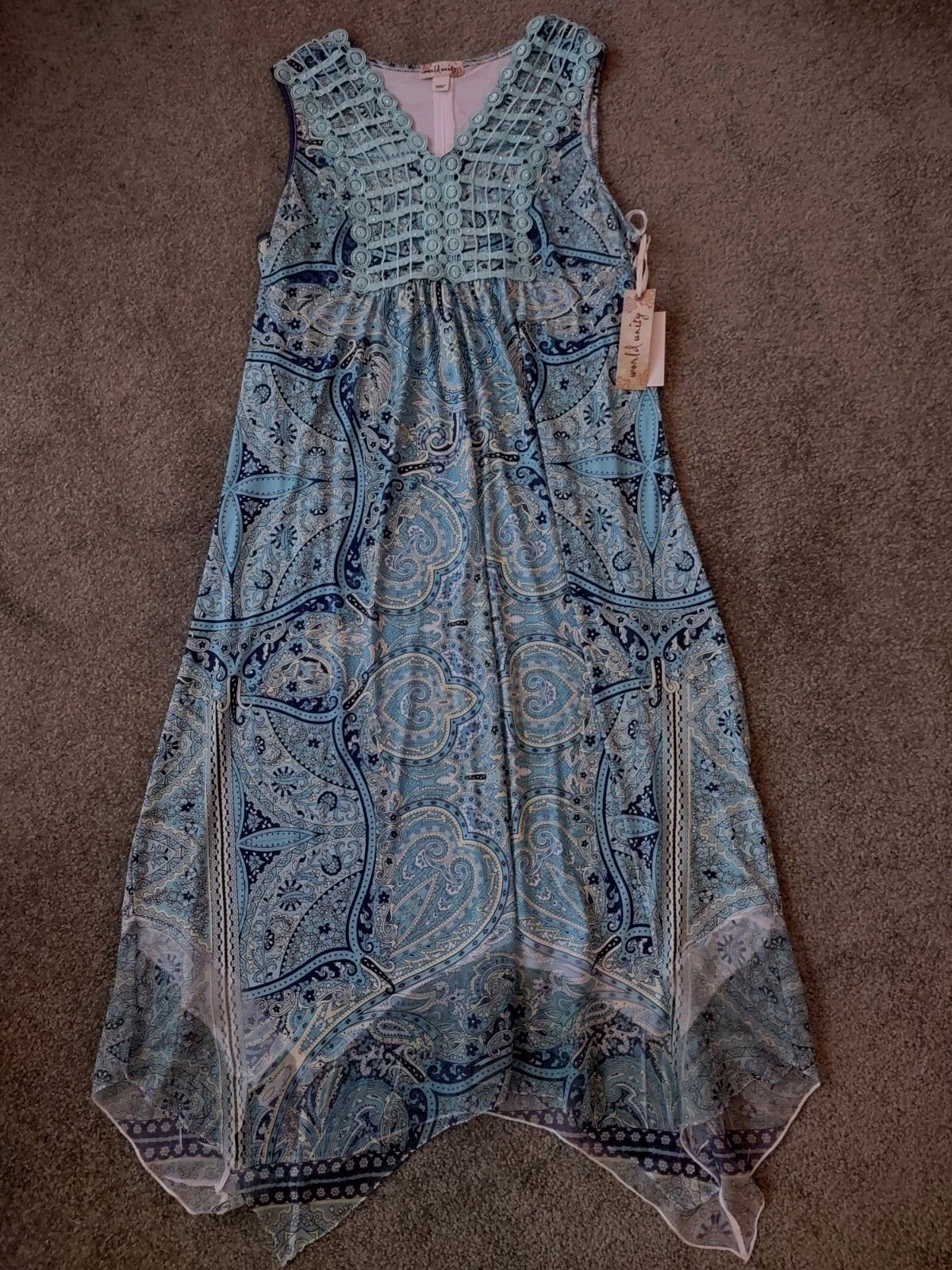 Misses Summer Midi Dress, Turquoise Paisley Floral, Lined Knit, V-neck, S, New