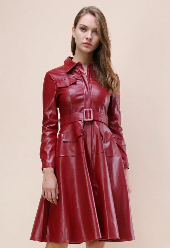Vintage Real Lambskin Leather Dress Women Long Sleeve Women Coat Christmas