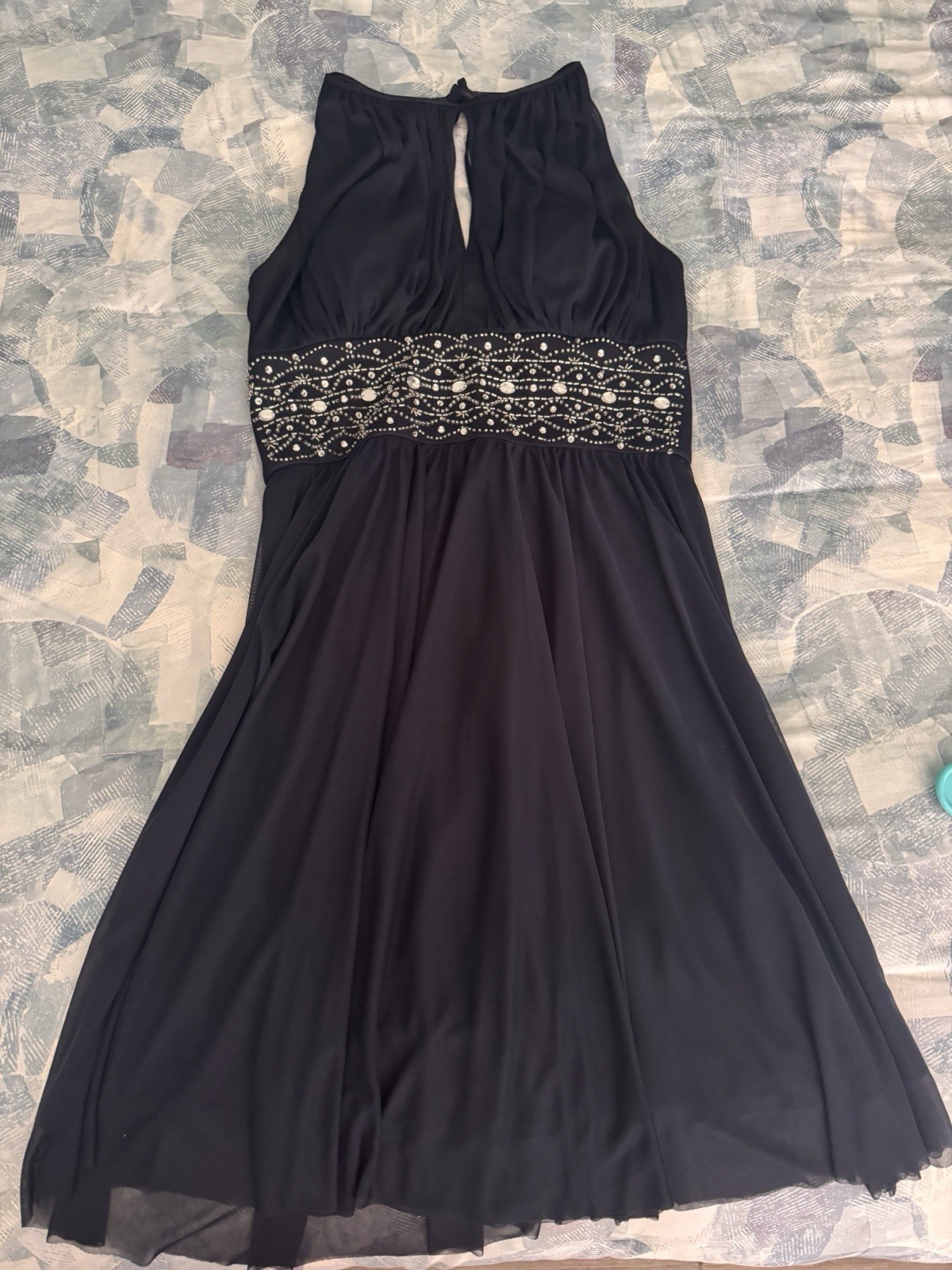 Jessica Howard Blue & Black Beaded Waist Evening Party Formal Dress Size 8 EUC
