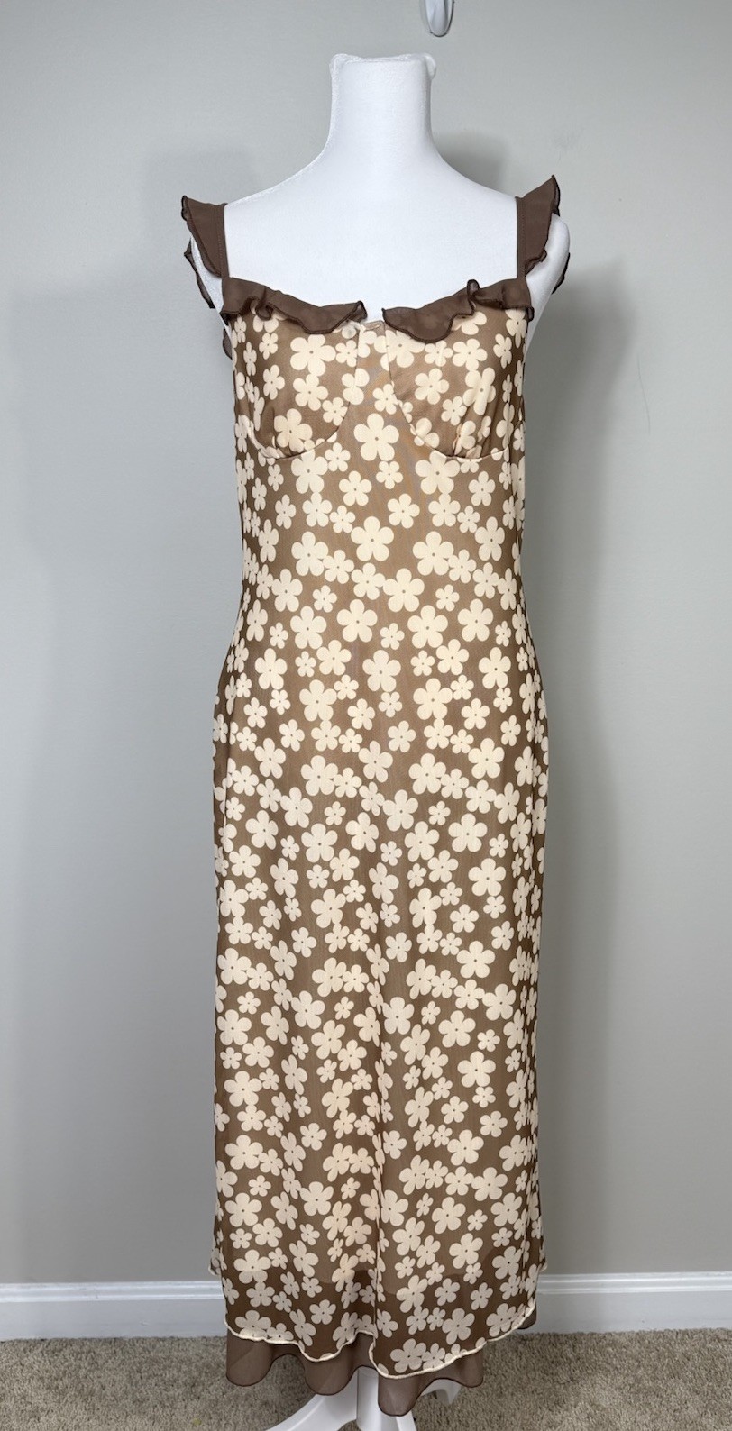 Dazy Dress Women Brown Floral Mesh Maxi Slip Ruffle Y2K Forest Fairy Bodycon XL