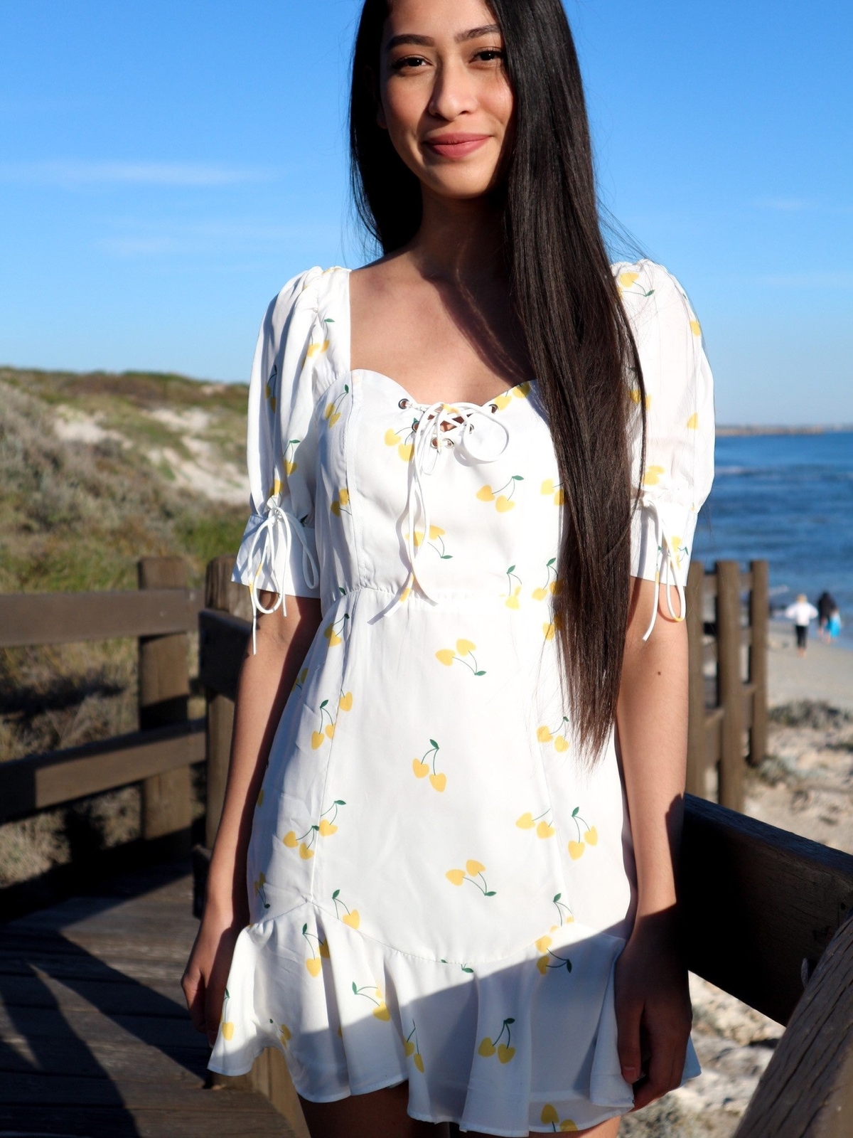 Women Petite Retro Lantern Sleeves Mini White Dress Yellow Cherry Print Romantic