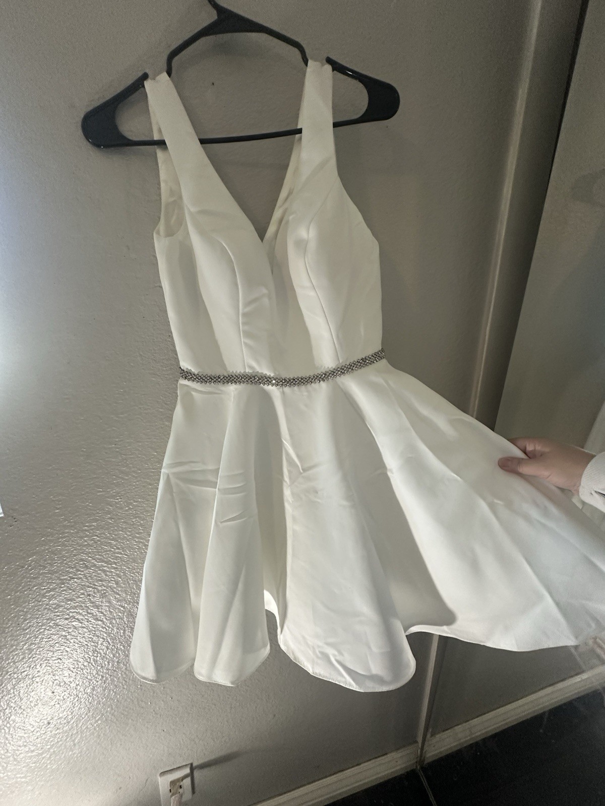 Dancing Queen White Satin Fit & Flare Short Dress Beaded Waist V-Neck Sleeveless