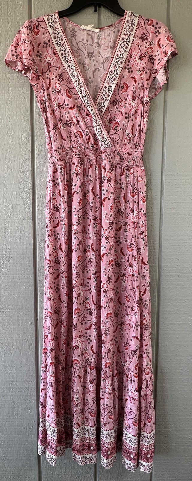 Kingston Grey Dress Womens M Pink Floral Maxi Smocked V Neck Boho Ruffle Hem