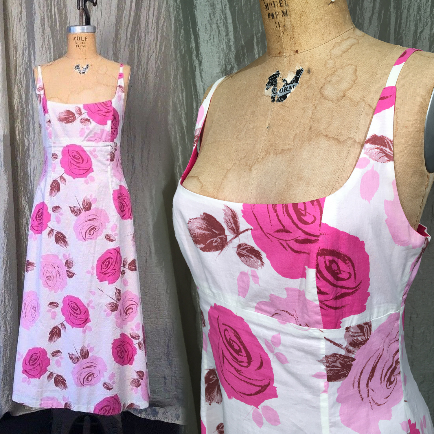 L Rockabilly Roses dress 8 Pink White Cotton 1950s Pin Up Retro Style A line