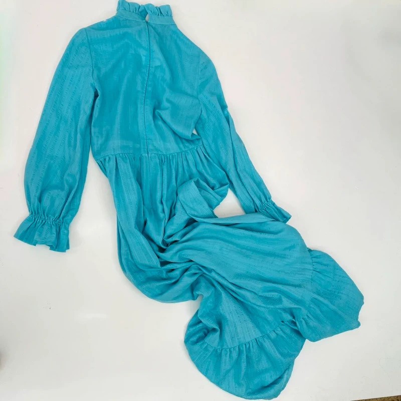 Vintage 70s Bright Blue Cotton Maxi Dress