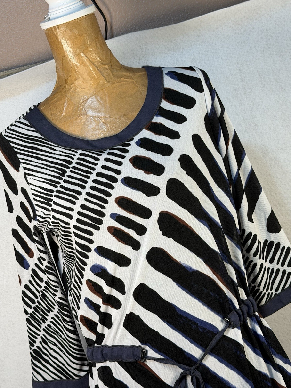 Picadilly Navy White Black StripeStretch Jersey Knit Dress Tie Waist Size S