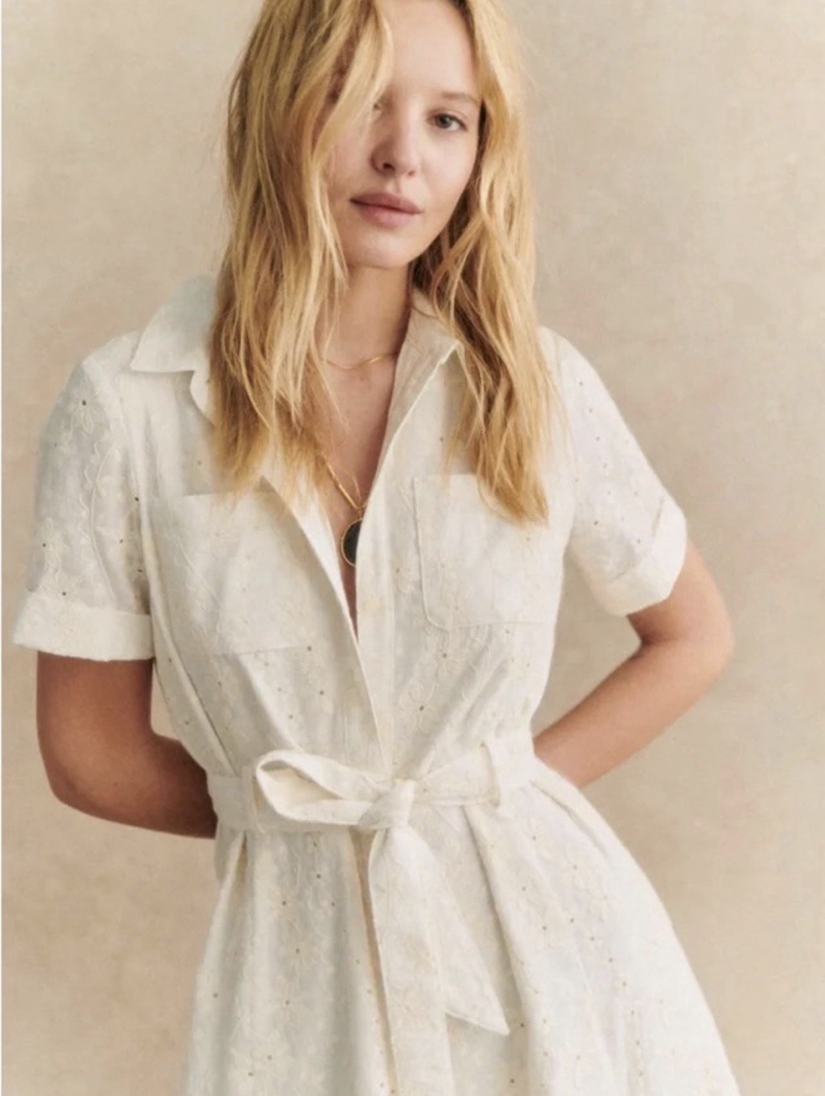 Sezane Adele Short Sleeve Embroidered Midi Dress Eyelet Collar Ecru FR 36 US 4