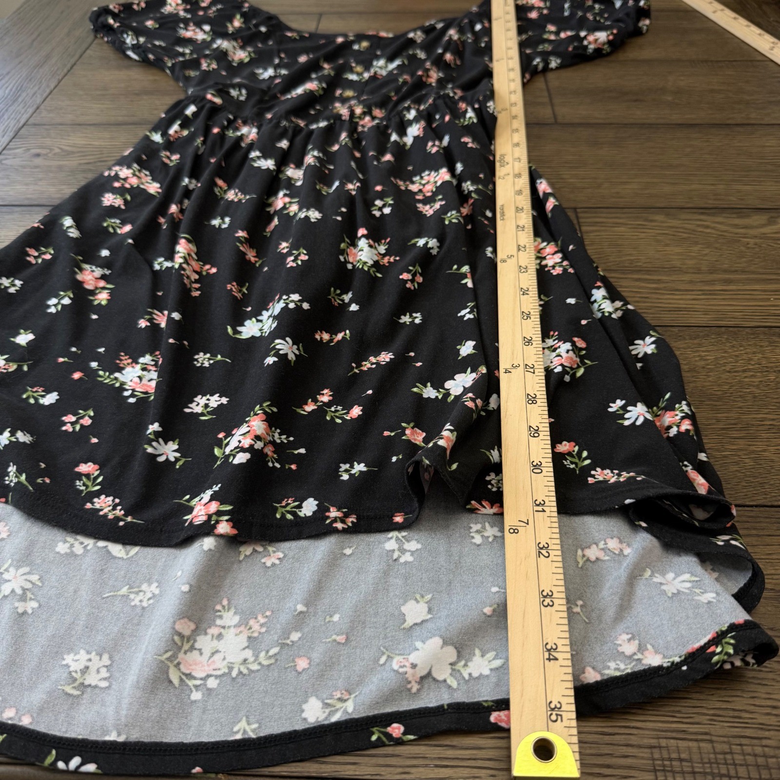 Black Floral Puff Sleeve Button Front High Low Tie Waist Dress Womens Large