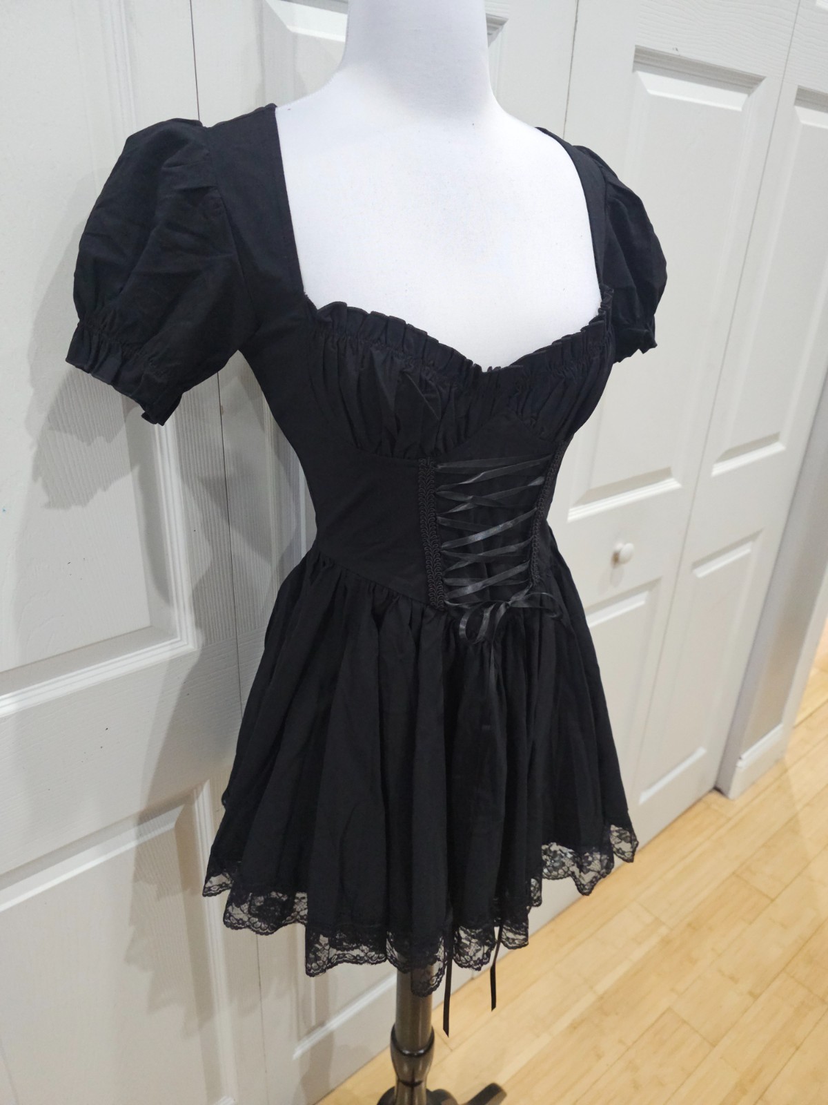 Dolls Kill Goth Witchy Hazy Haunting Black Lace Up Corset Style Mini Dress S NWT