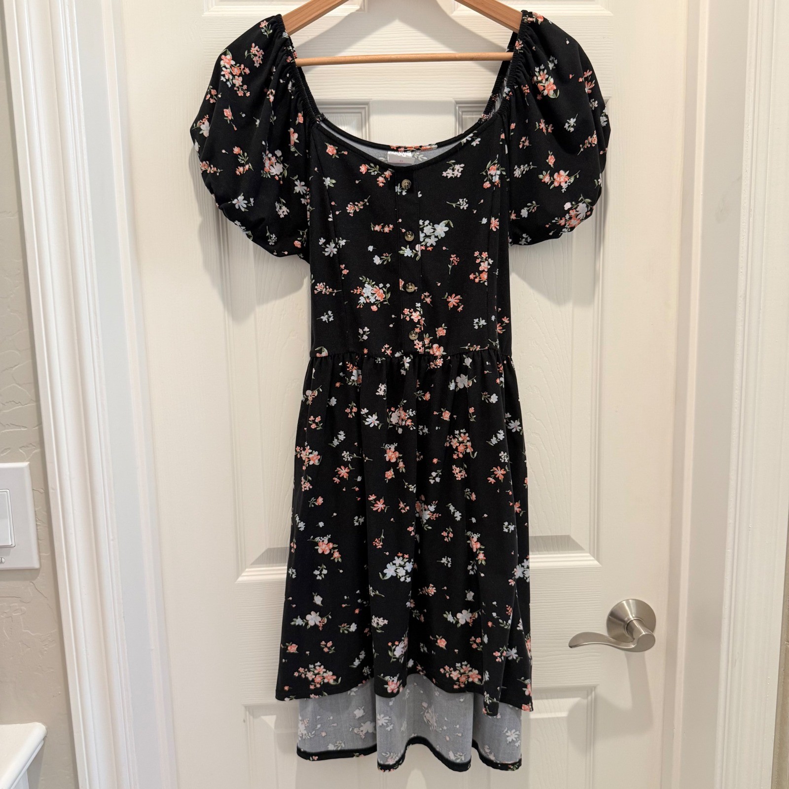 Black Floral Puff Sleeve Button Front High Low Tie Waist Dress Womens Large