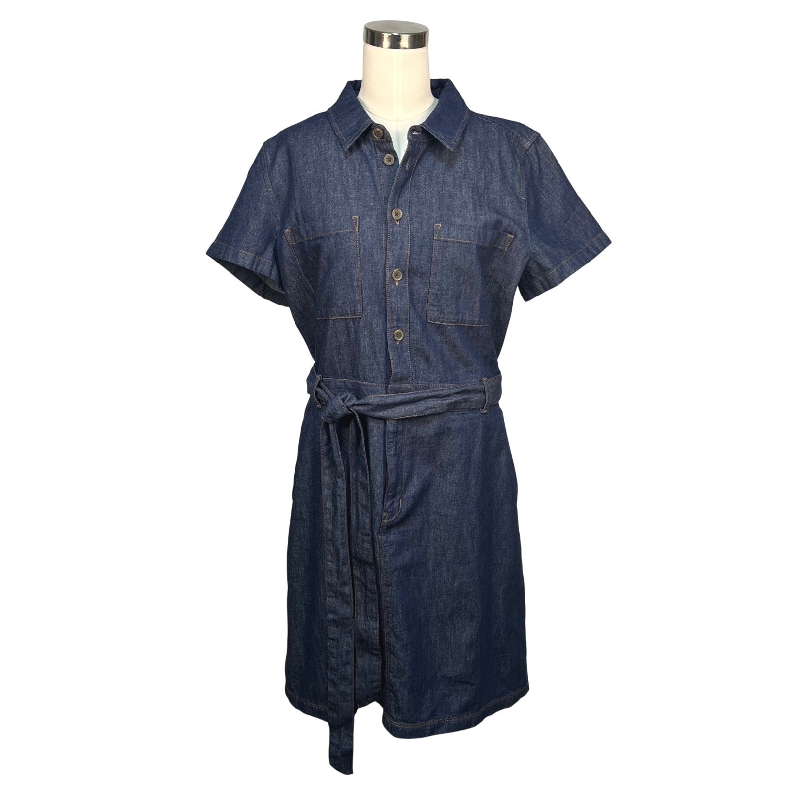 J.Crew Blue Denim Chambray Utility Shirt Dress 12 Short Sleeve Belted Pockets