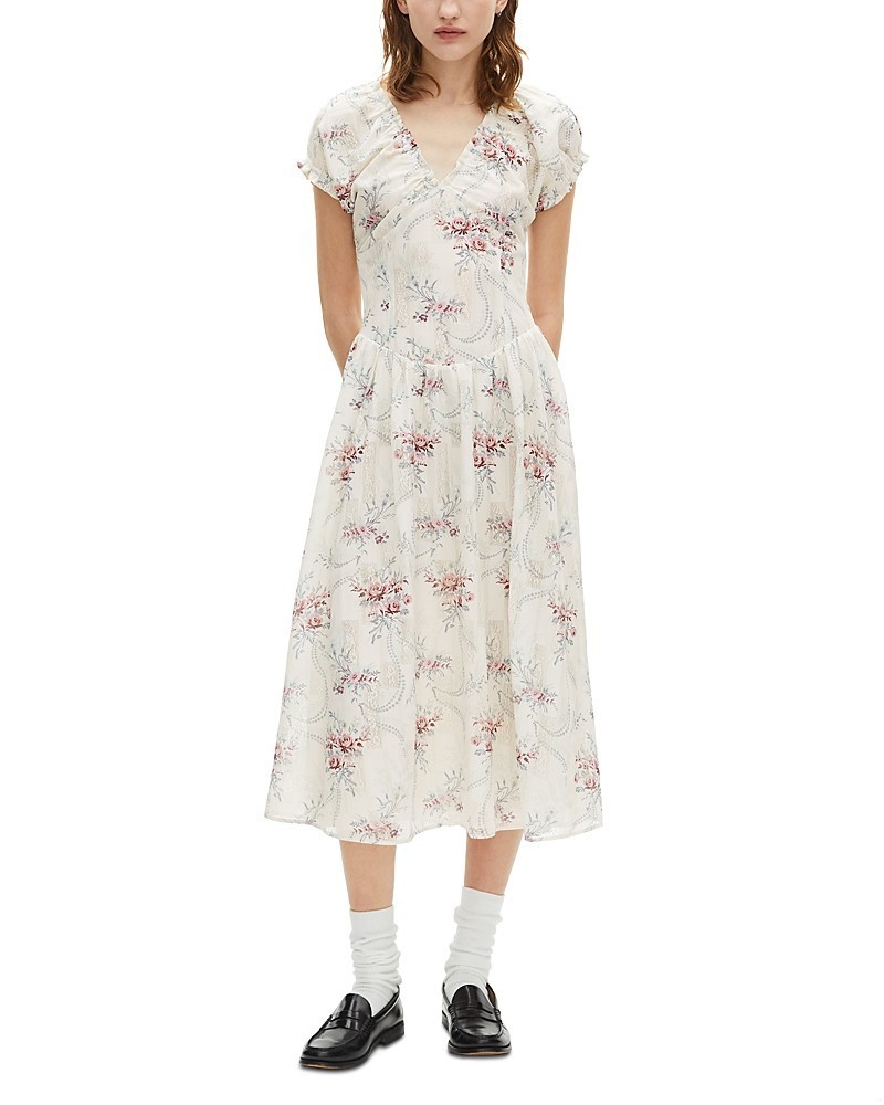 The Kooples V-Neck Floral Print Dress Women 3 EU Off White/Pink Back Zip Closure