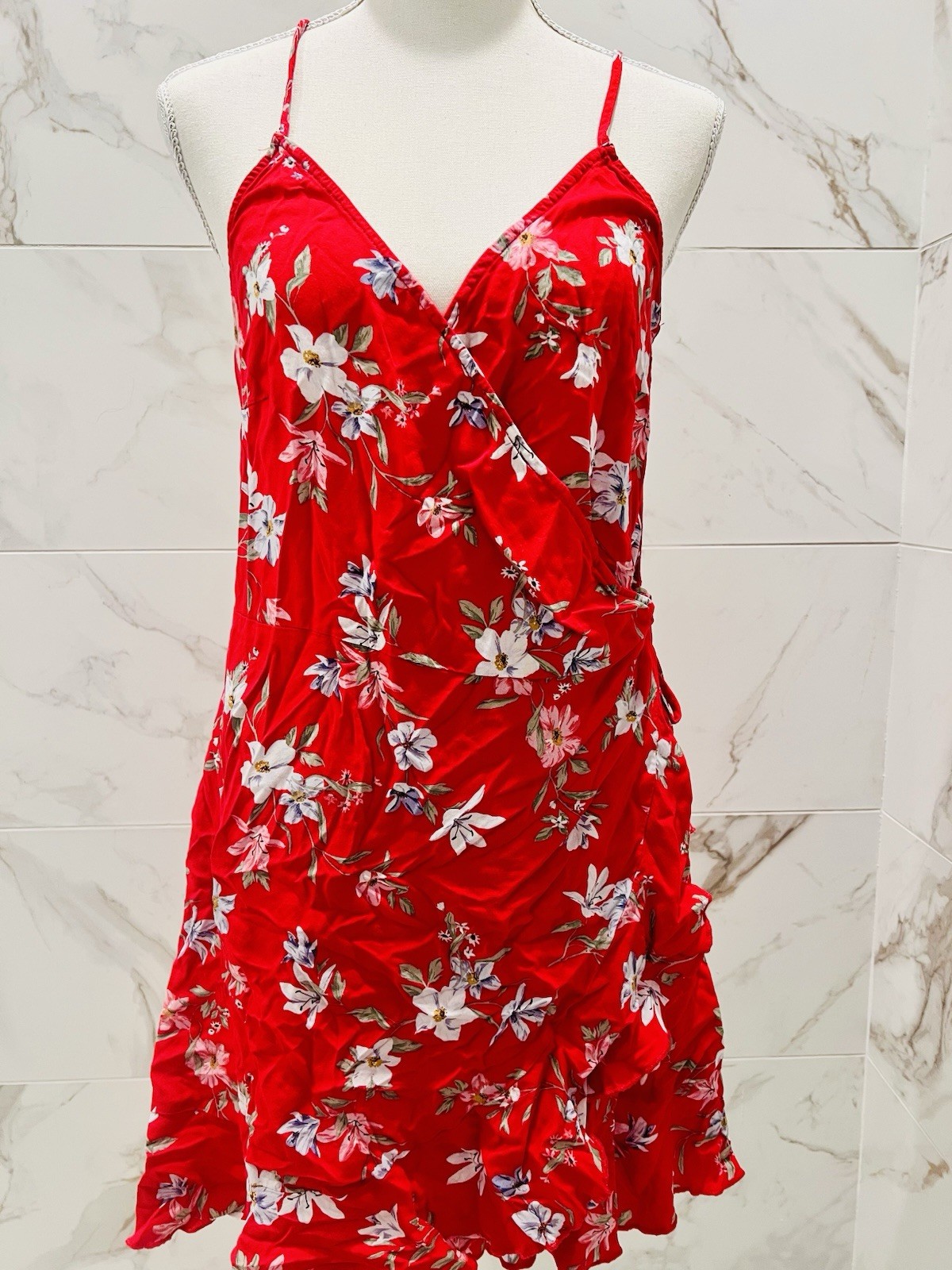 Red Floral V-Neck Strappy Wrap Mini Dress, Ruffle Hem Adjustable Tie L