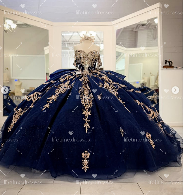 Navy Blue Quinceanera Dresses Gold Decals Sweet 16 Newest Party Ball Gowns