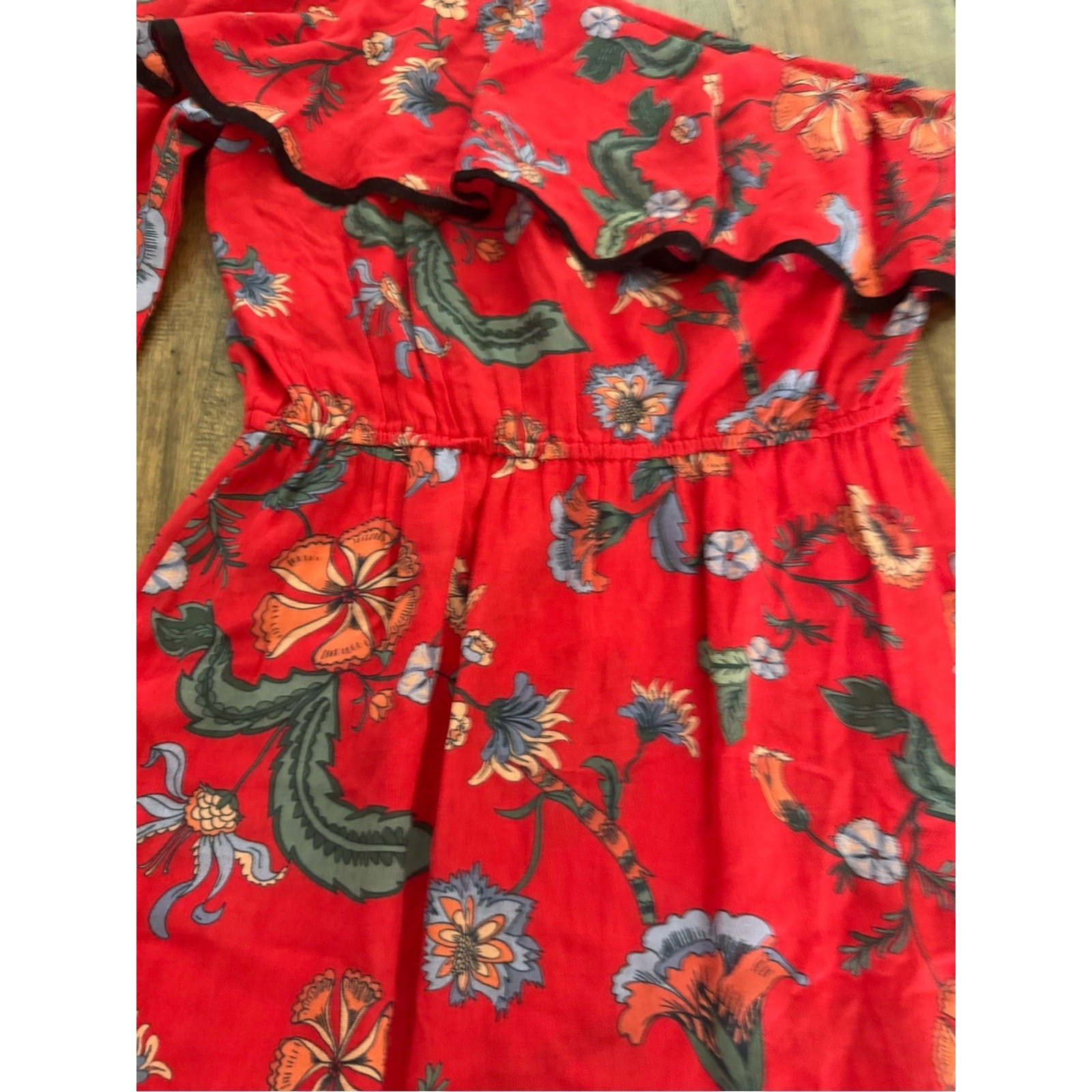 Love Sam Red Floral One Shoulder Asymmetrical Ruffle Dress XS Boho Viscose
