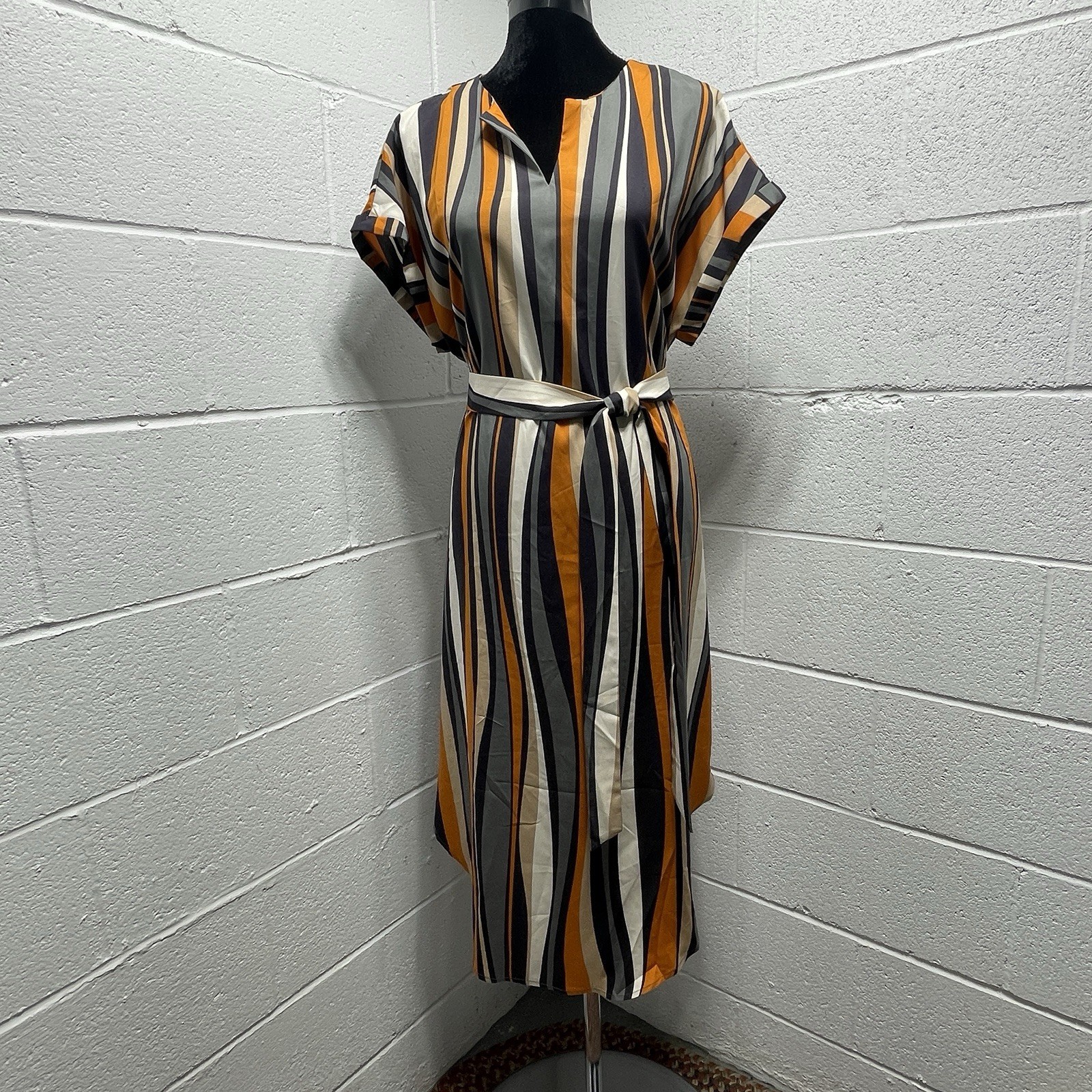 Emery Rose Notch Neck Striped Colorblock Belted Dress Sz Large