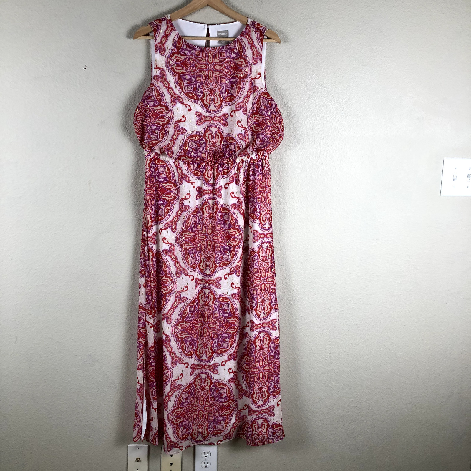 Chicos Dress Womens Small Chicos 0.5 Red Geo Print Maxi Crew Neck Back Keyhole