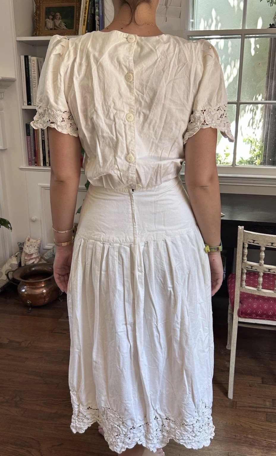 Nancy Johnson M (10) 100% Cotton Battenberg Dropped Waist Dress White