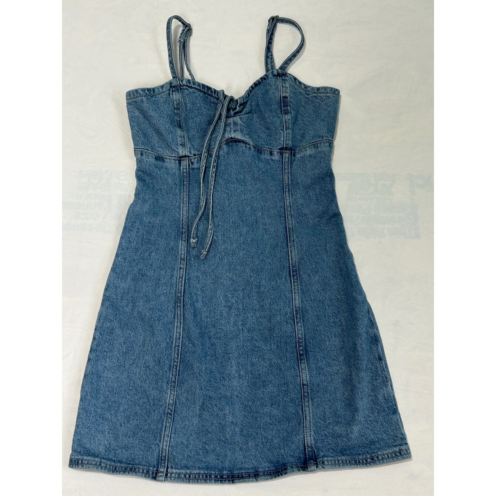 Blue Denim Tie Front Mini Dress Medium Wash Sleeveless A-Line Adjustable Straps