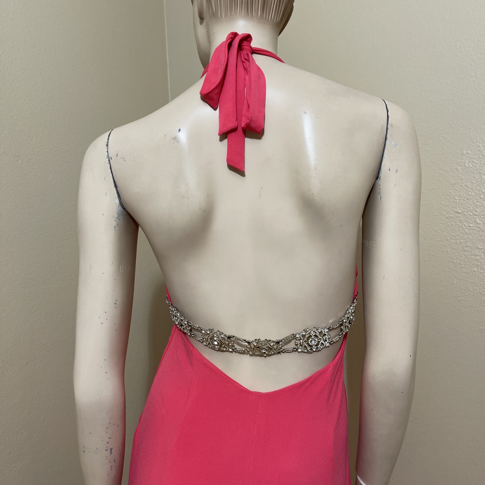 Women’s Coral Polyester Party Open Buckle Metal Belt Bead Size 8 Evening Dress