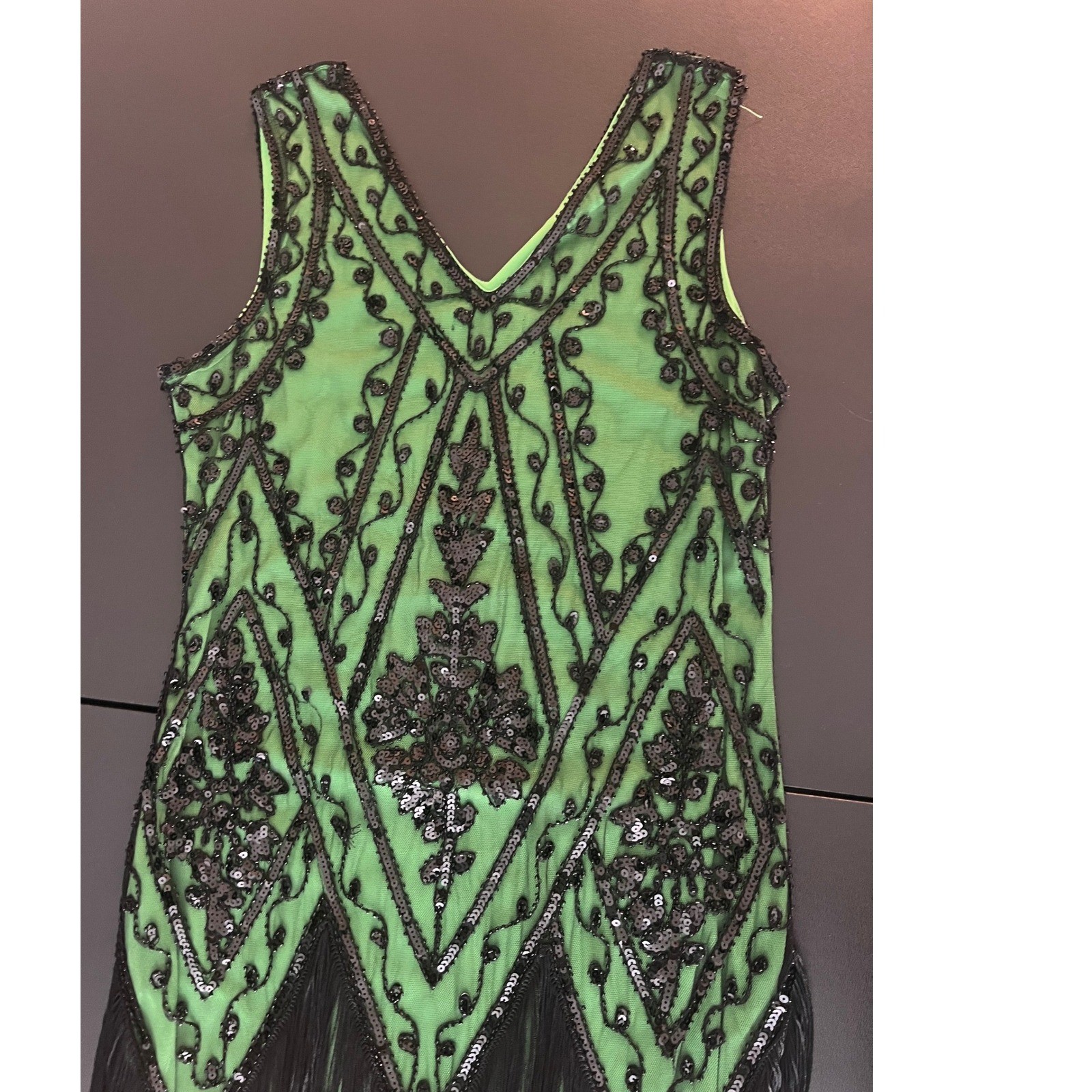 PrettyGuide Green Black Sequin Fringe Flapper Dress 1920s Gatsby Style L (1098)