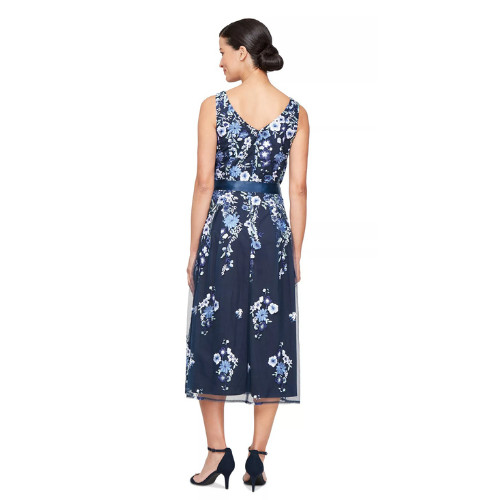 Alex Evenings Navy Blue Floral Mesh Midi Dress Size 6 Elegant Evening Cocktail