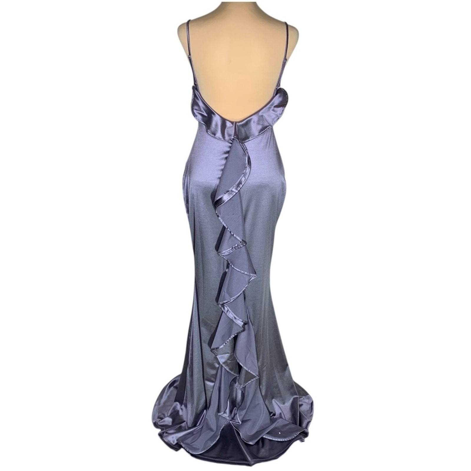 Satin Formal Long Gown Size S Slate Backless Ruffled Prom Evening Dress NEW NWT
