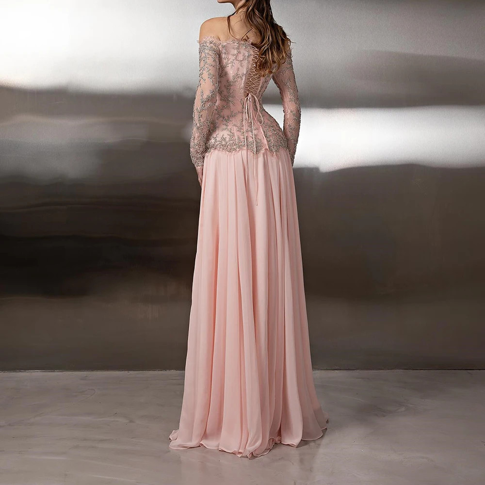 Off Shoulder Long Sleeve Illusion Beaded Pink Chiffon A Line Formal Evening Gown