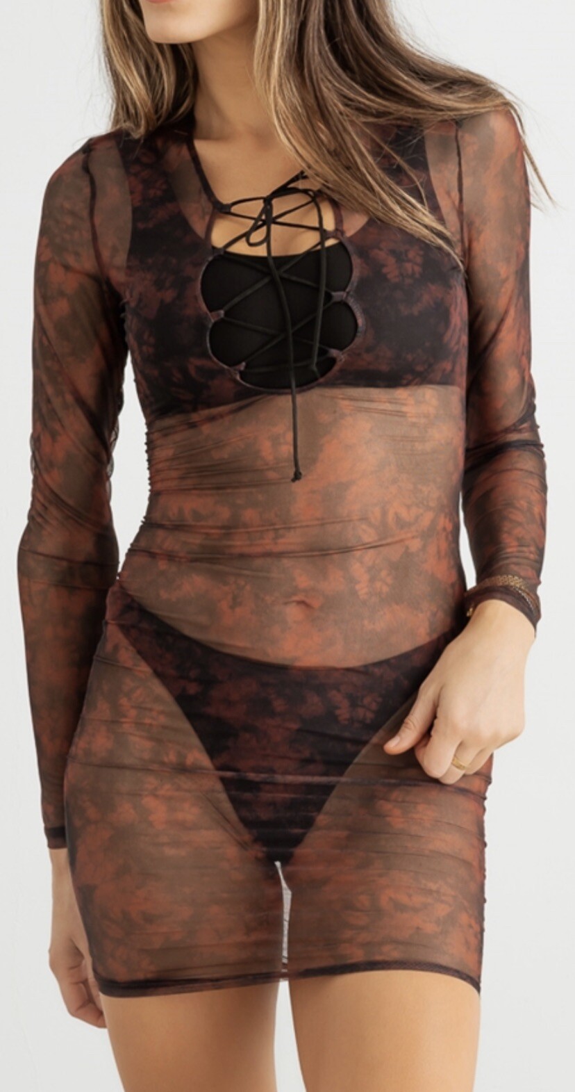 Biege & Mocha Abstract Mesh Lace-Up Neck Long Sleeve Mini Dress Semi-sheer Tunic