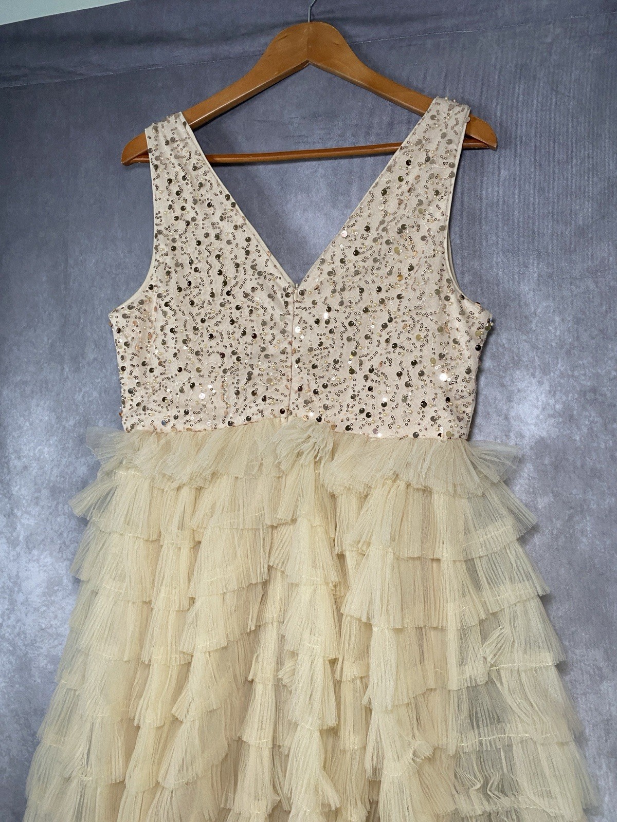 Glam Faeriesty Whimsical Prom Dress Size XL Ruffle Sequin Tulle Cream