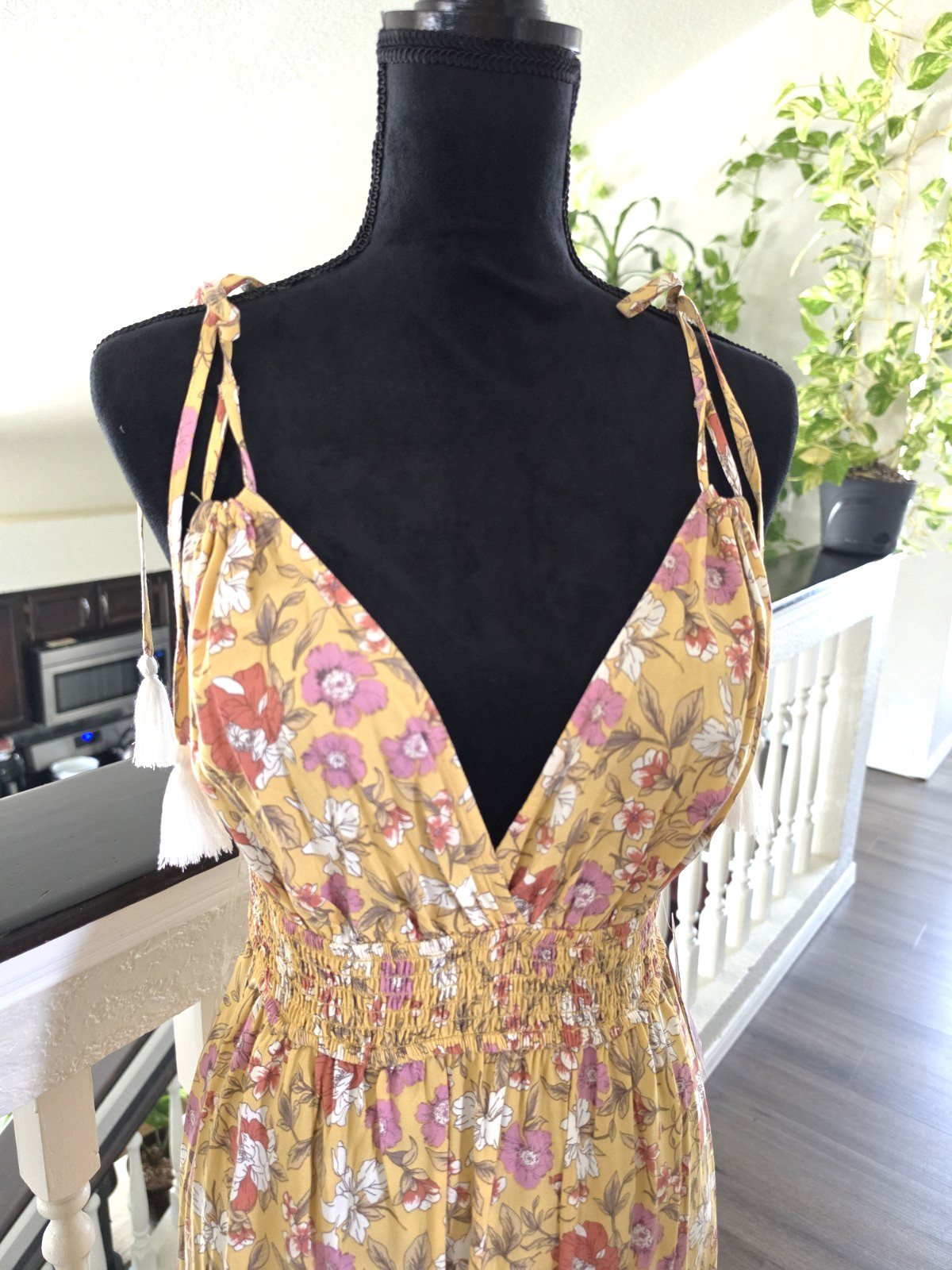 Inspired Hearts Yellow Floral V-Neck Tassel Tie Strappy Maxi Dress Womens L