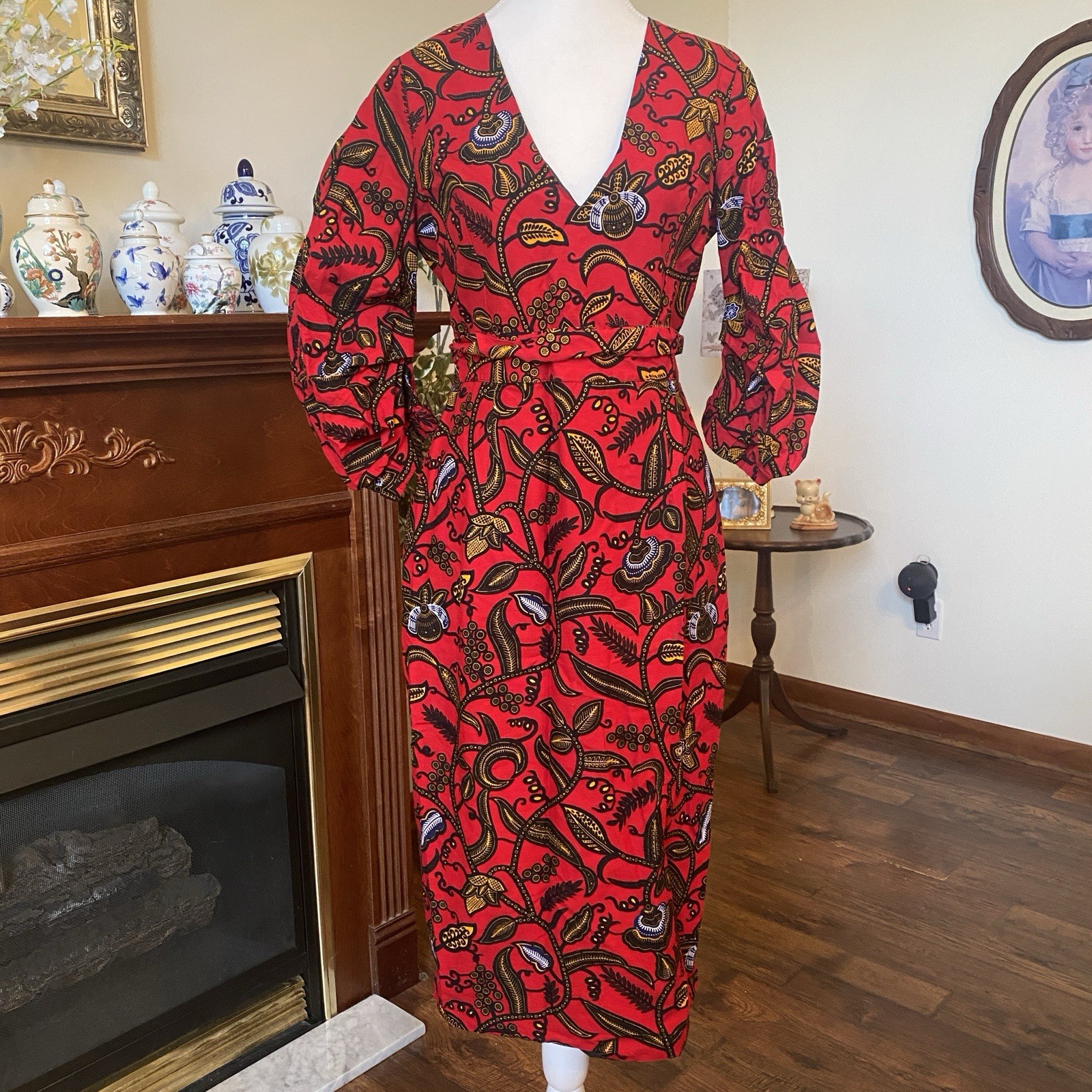 OFUURE African Print Midi Dress M Ankara Tribal Red Balloon Sleeve Lined