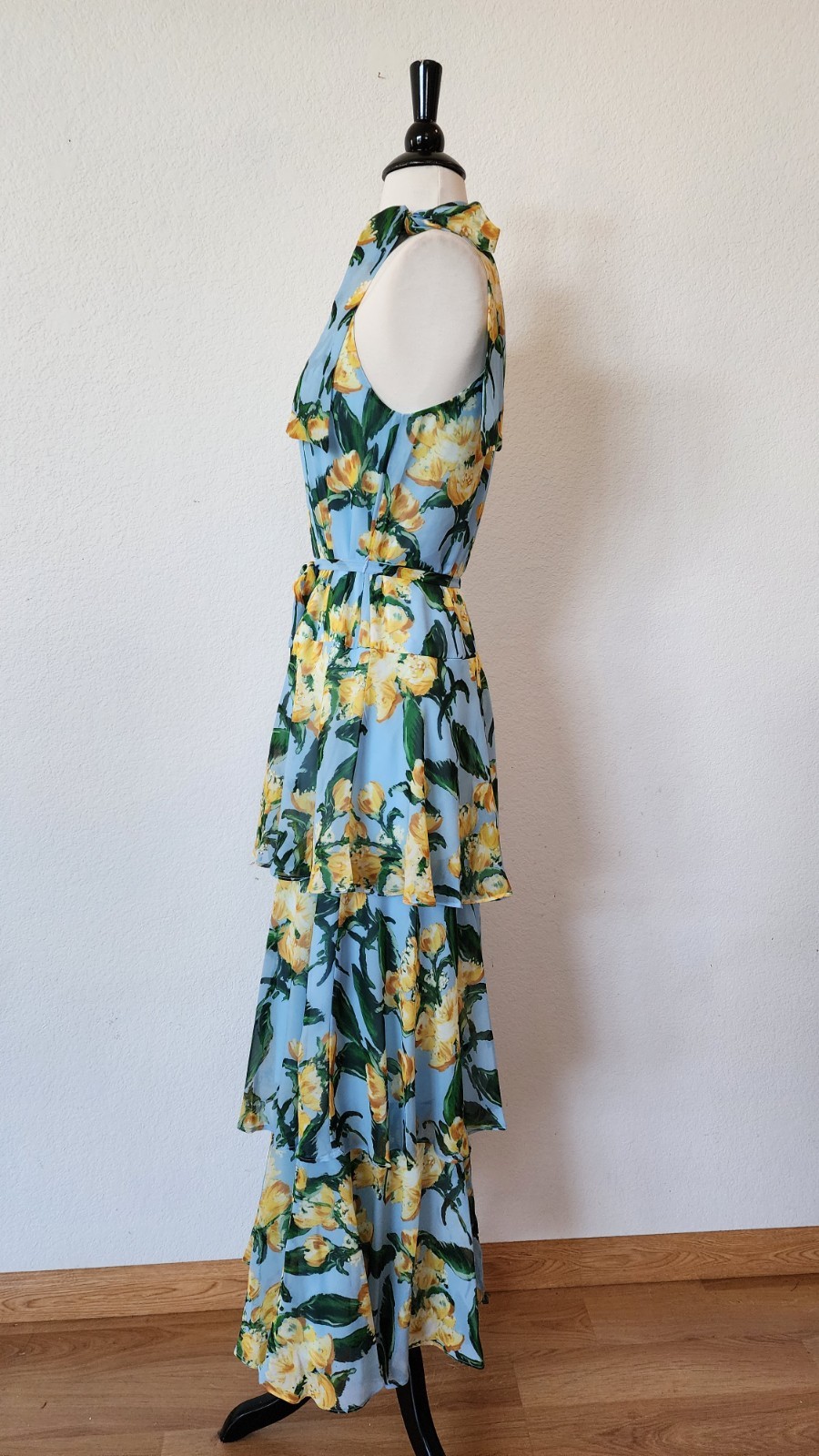New Maxi Dress Size Large XL Chiffon Blue Floral Tiered Halter Bow Elegant