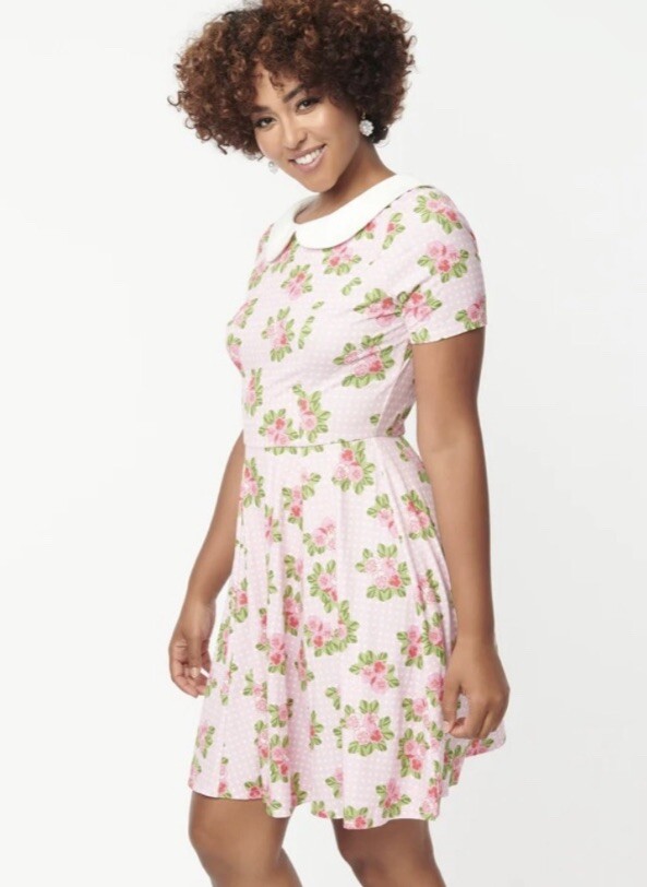 Unique Vintage NWT Pink Pansies & White Pin Dot Margot Fit & Flare Dress -Medium