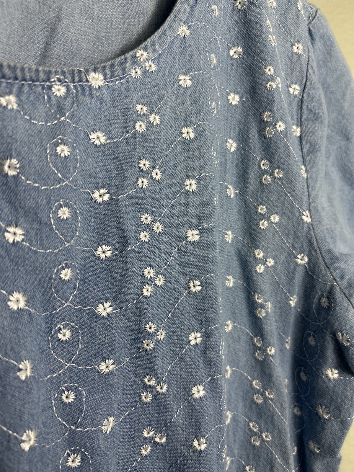 Vintage Chambray Women’s Medium Dress Blue Floral Elastic Waist Ankle Length